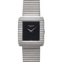 A Patek Philippe Ellipse Gondolo Onyx wristwatch featuring a silver ribbed band and a rectangular black dial.