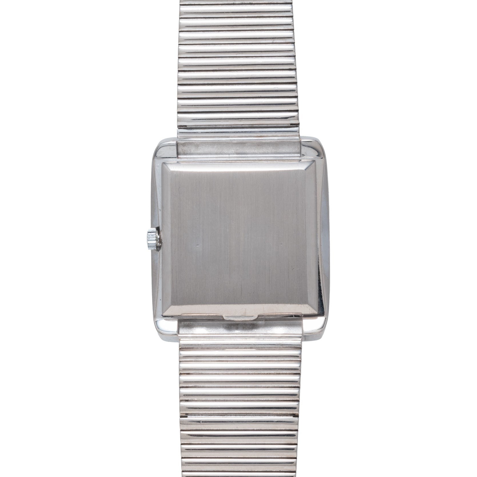 A silver metal wristwatch, the Patek Philippe Ellipse Gondolo Onyx, features a blank square face and a striped metal band.