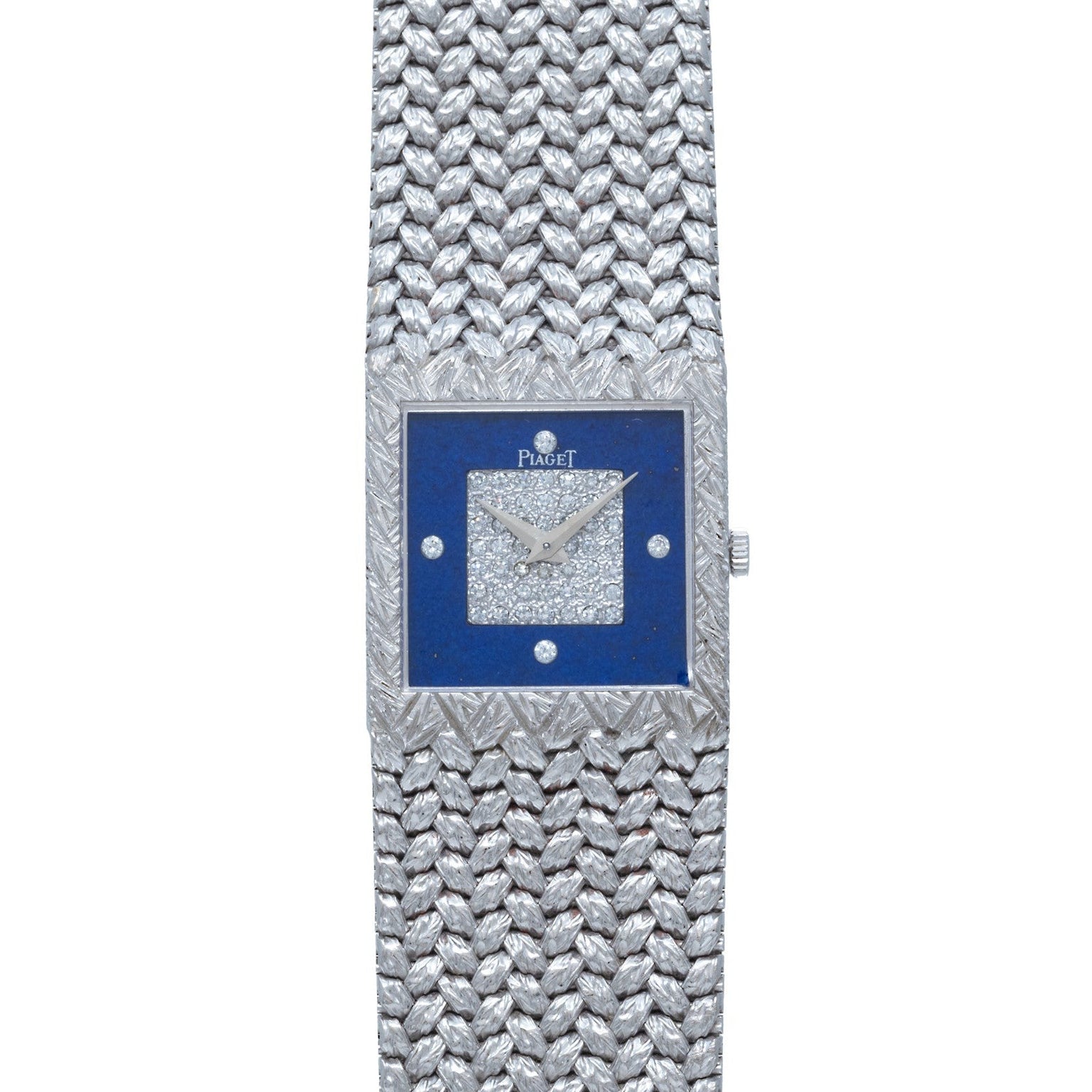 The Piaget Tradition Lapis Lazuli Diamond Dress Watch features a textured silver band, diamond-studded face, and a striking blue square bezel.