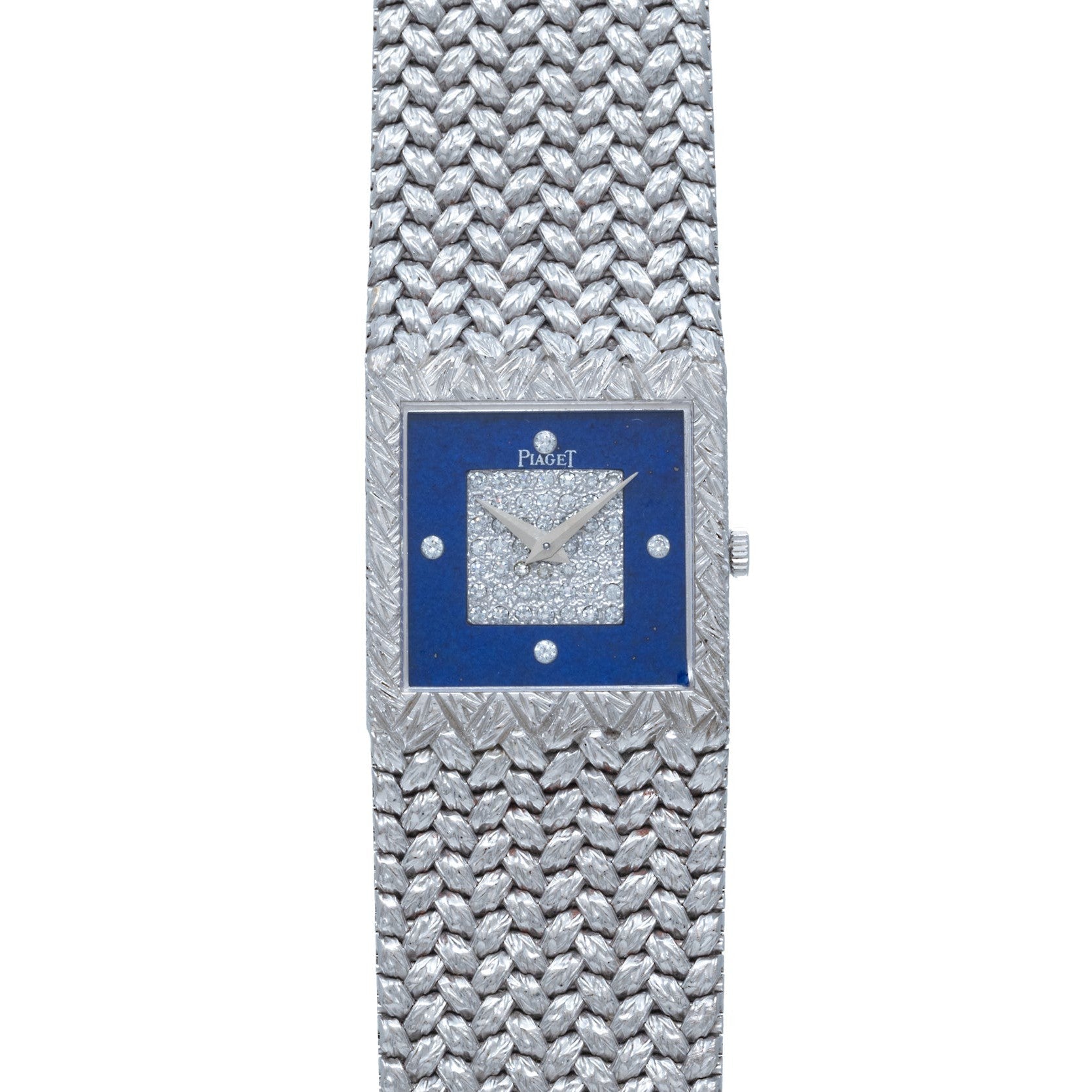 The Piaget Tradition Lapis Lazuli Diamond Dress Watch features a textured silver band, diamond-studded face, and a striking blue square bezel.