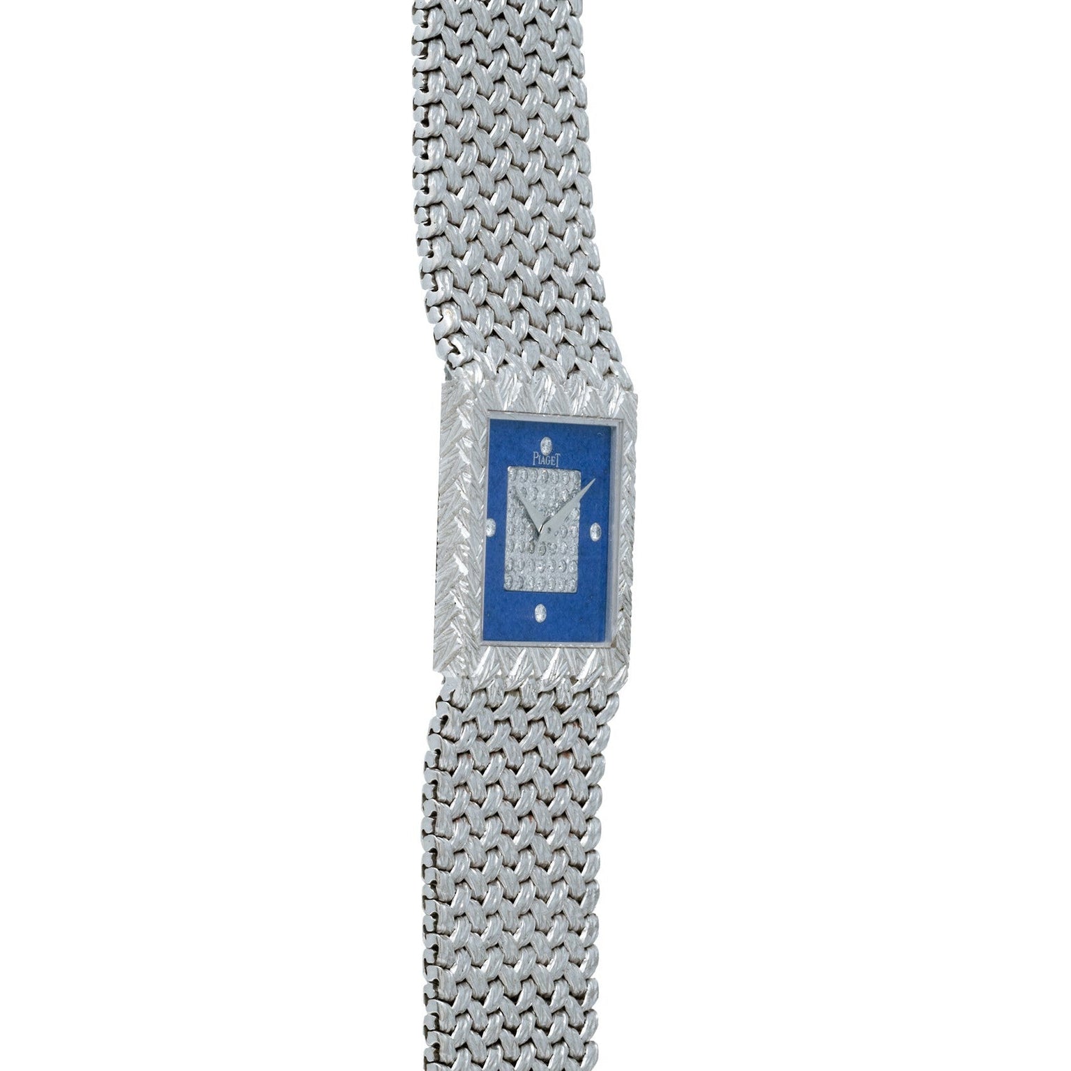 The Piaget Tradition Lapis Lazuli Diamond Dress Watch features a silver mesh bracelet, a blue square face, and diamond hour markers.
