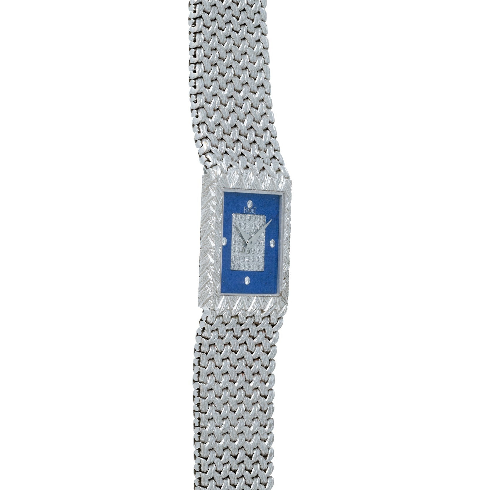 The Piaget Tradition Lapis Lazuli Diamond Dress Watch features a silver mesh bracelet, a blue square face, and diamond hour markers.