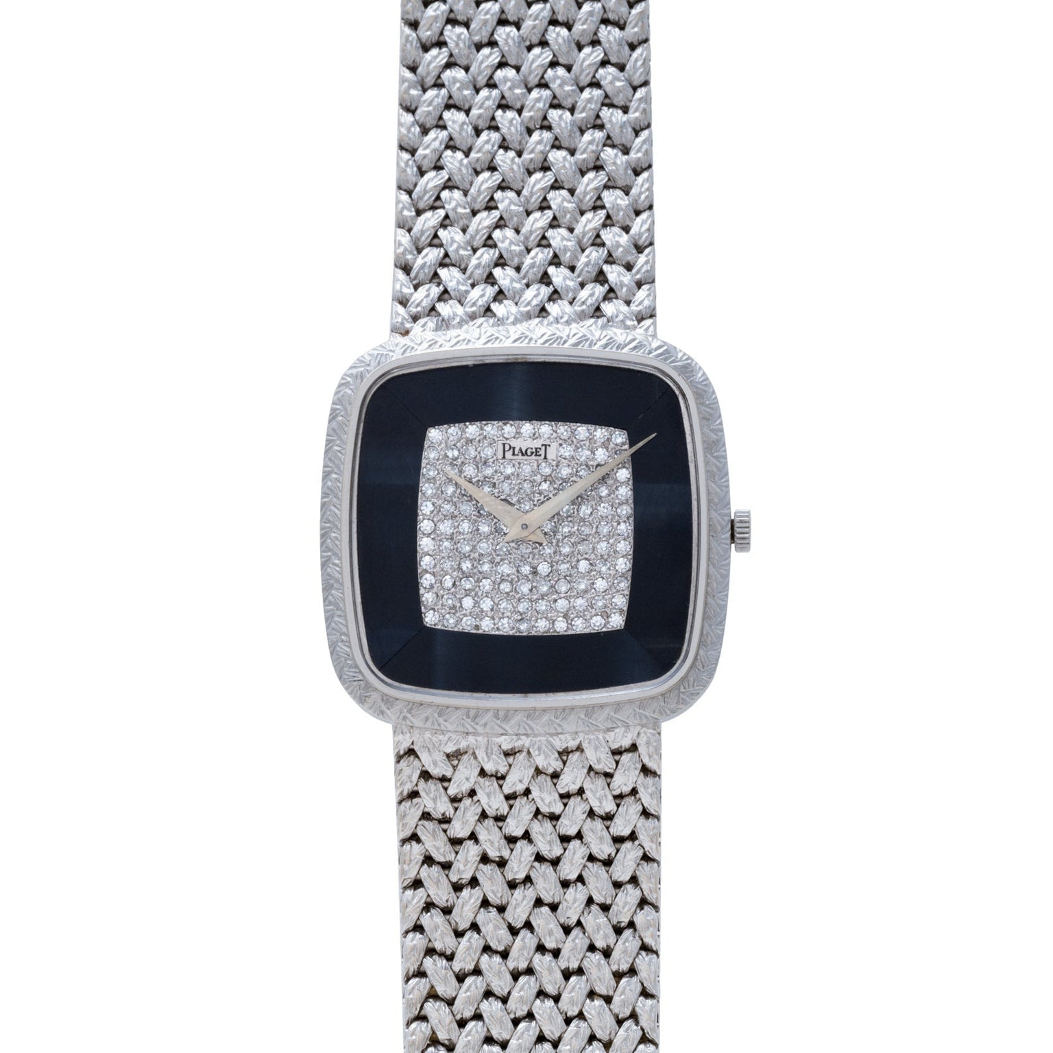 The Piaget Hawk Eye White Gold Dress Watch features a luxurious textured band and a diamond-studded square face.