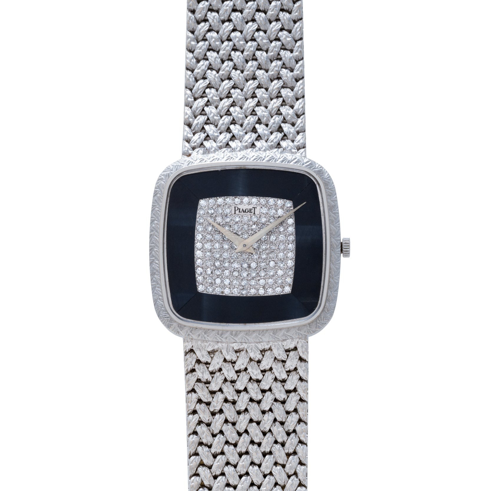 The Piaget Hawk Eye White Gold Dress Watch features a luxurious textured band and a diamond-studded square face.