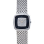 The Piaget Hawk Eye White Gold Dress Watch features a luxurious textured band and a diamond-studded square face.