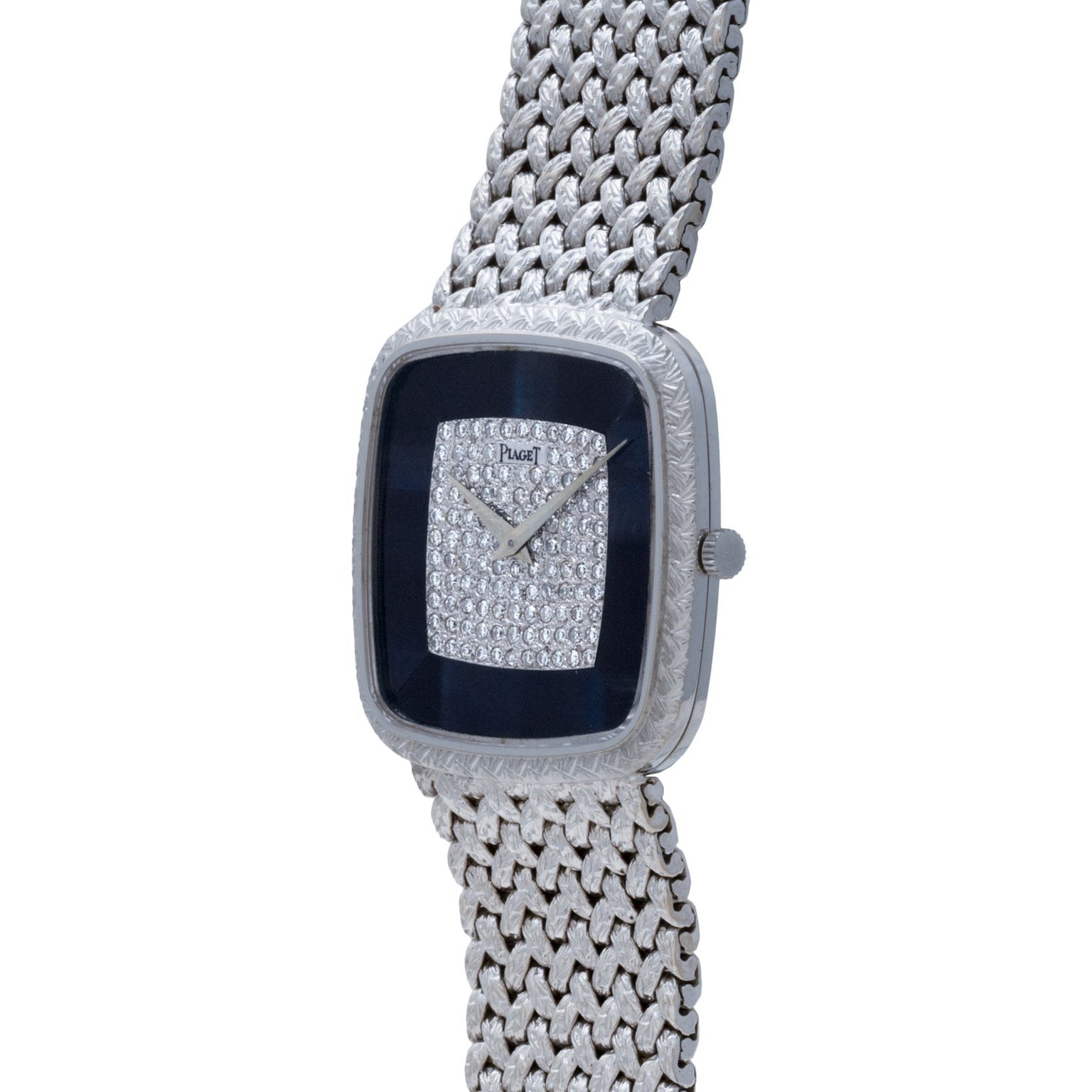Piaget Hawk Eye White Gold Dress Watch featuring a diamond-studded face and woven metal band, elegantly displayed at an angle.