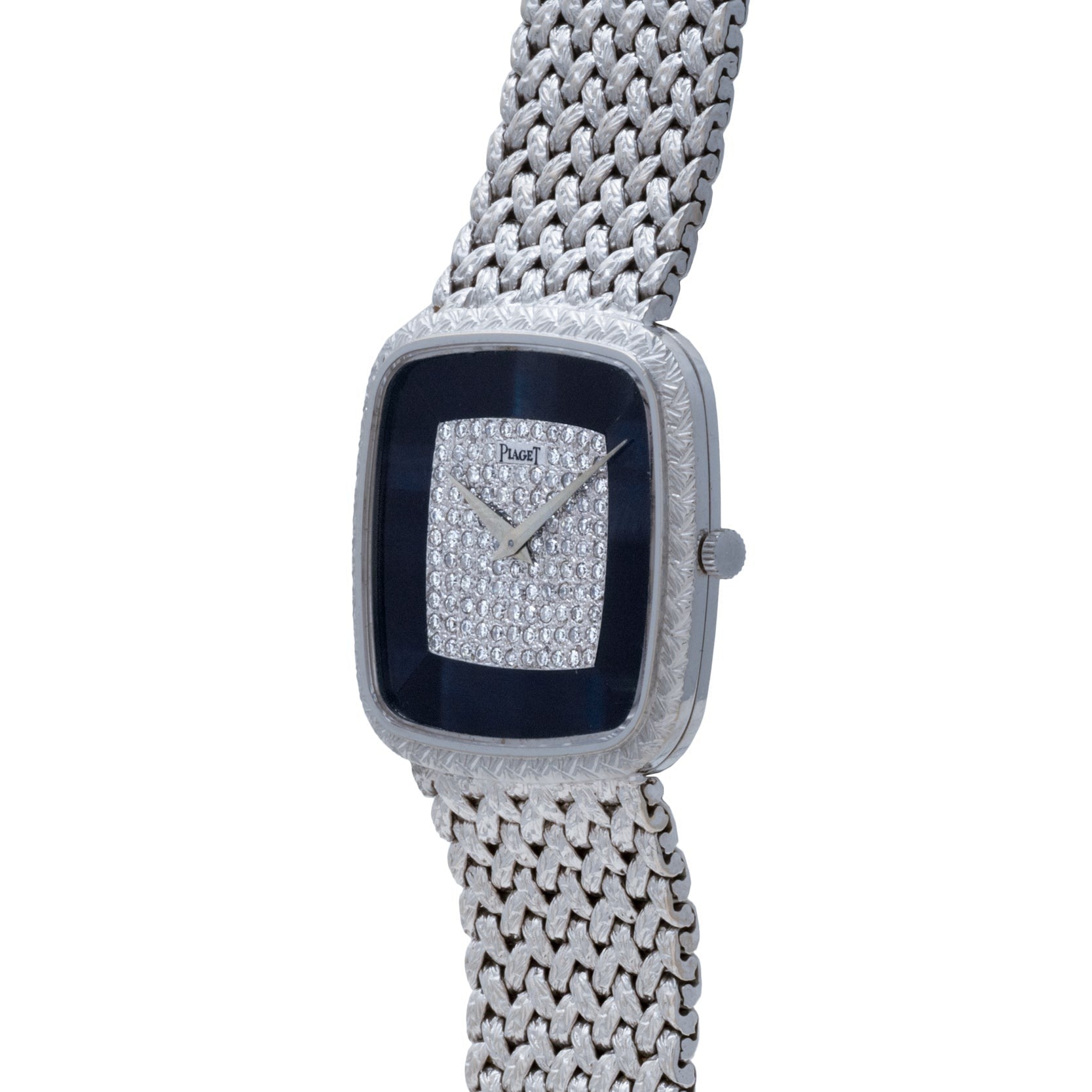 Piaget Hawk Eye White Gold Dress Watch featuring a diamond-studded face and woven metal band, elegantly displayed at an angle.