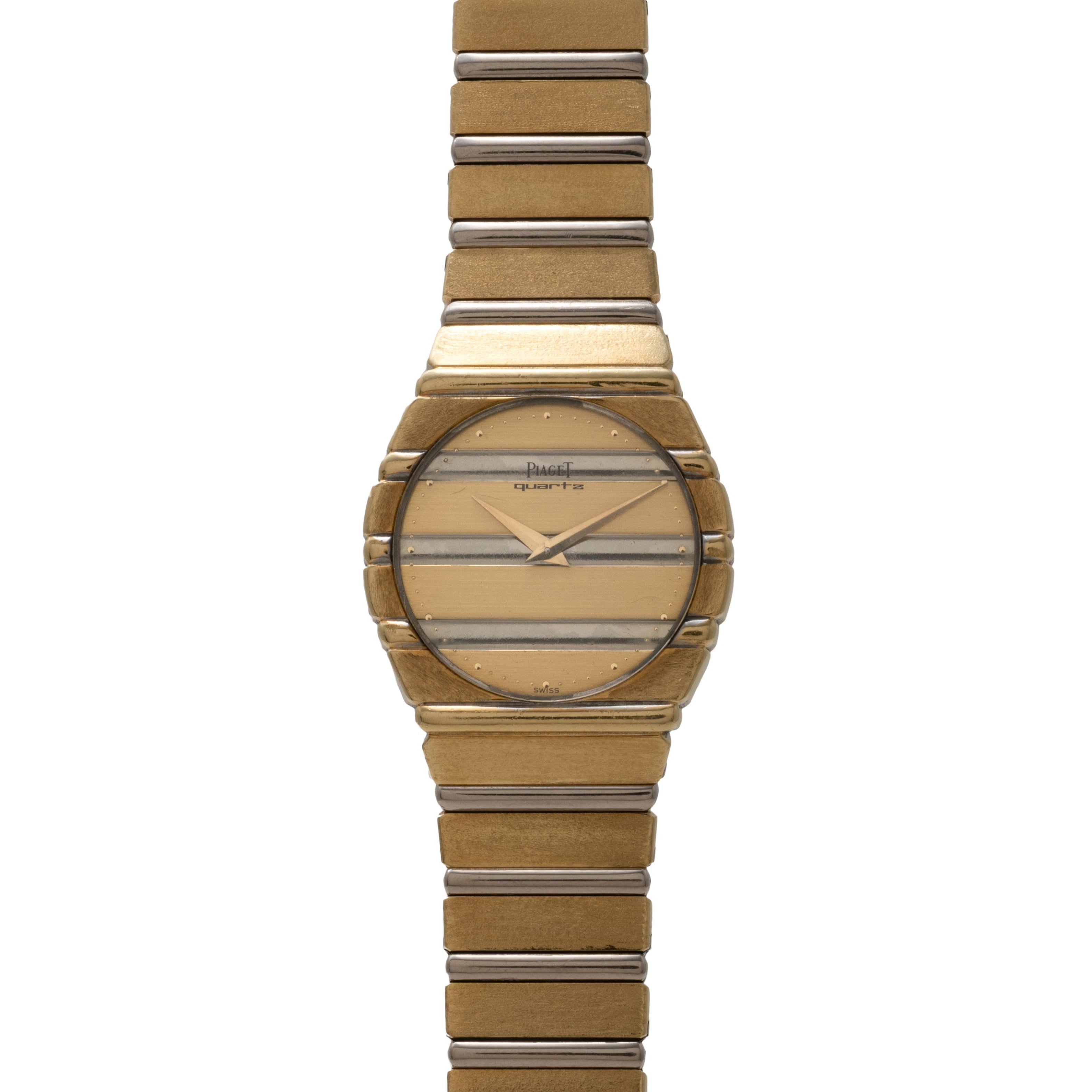 The Piaget Polo Two-Tone features a gold-toned face with horizontal lines and a matching metal link band.