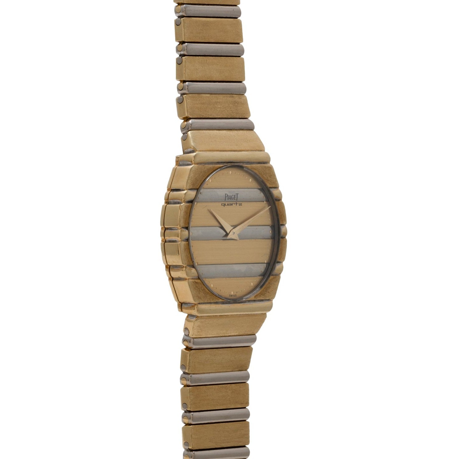 The Piaget Polo Two-Tone is a luxury wristwatch with gold and silver tones, an oval face, and a horizontal stripe pattern on both the band and dial.