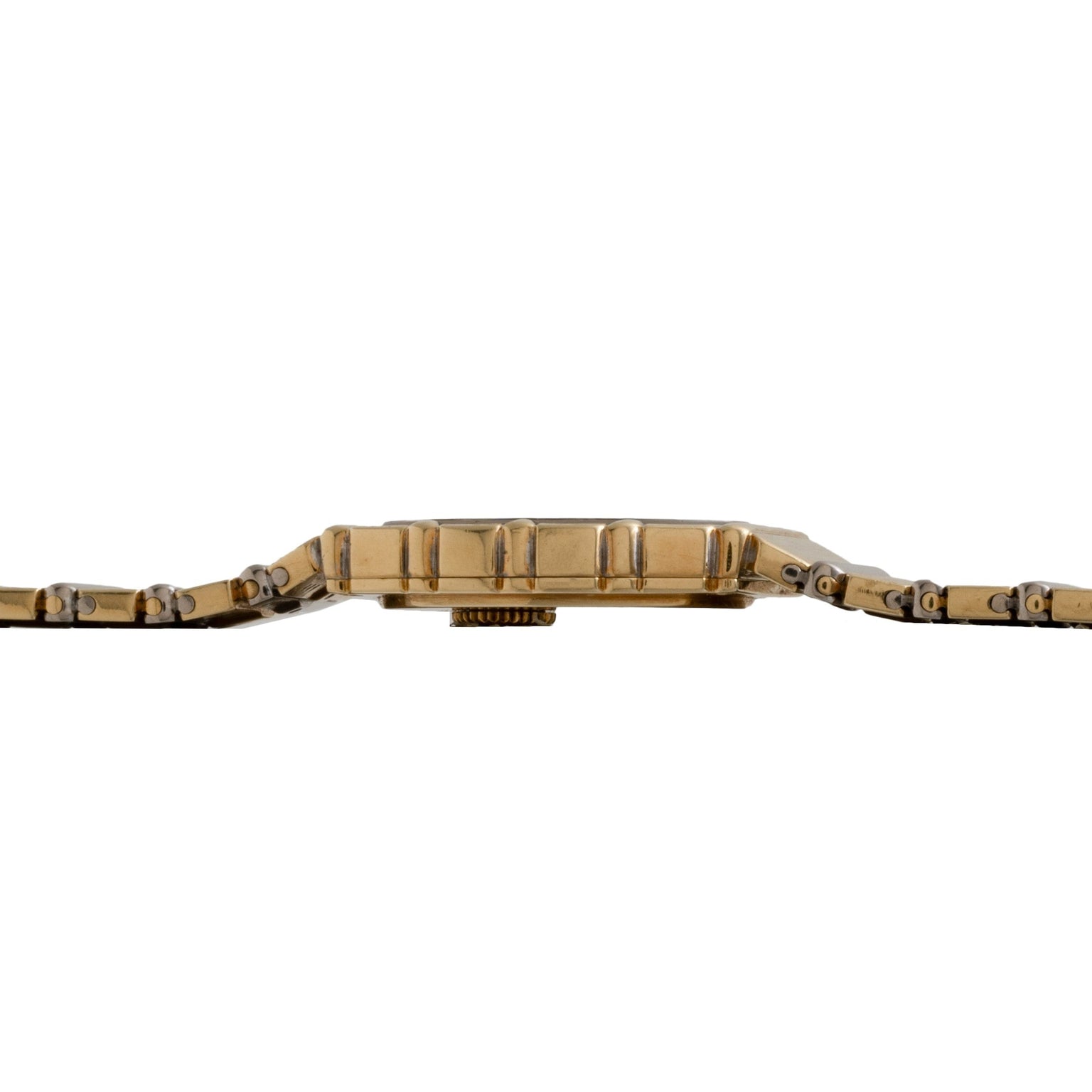 Side view of a Piaget Polo Two-Tone wristwatch with a metal link band, highlighting the watch’s slim profile.