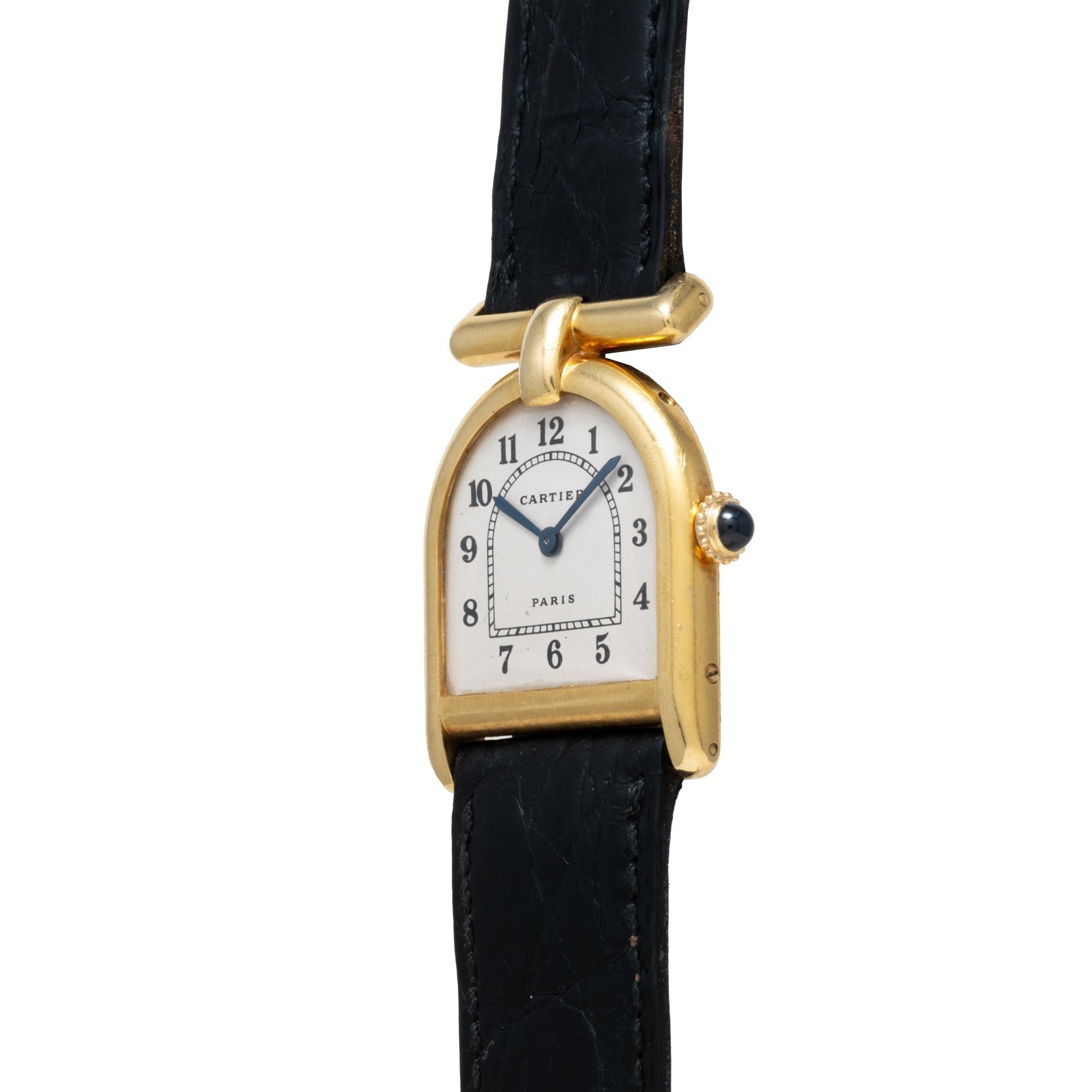 Cartier Calandre gold wristwatch featuring a unique arch-shaped face and black leather strap, displaying the time as 12:00.