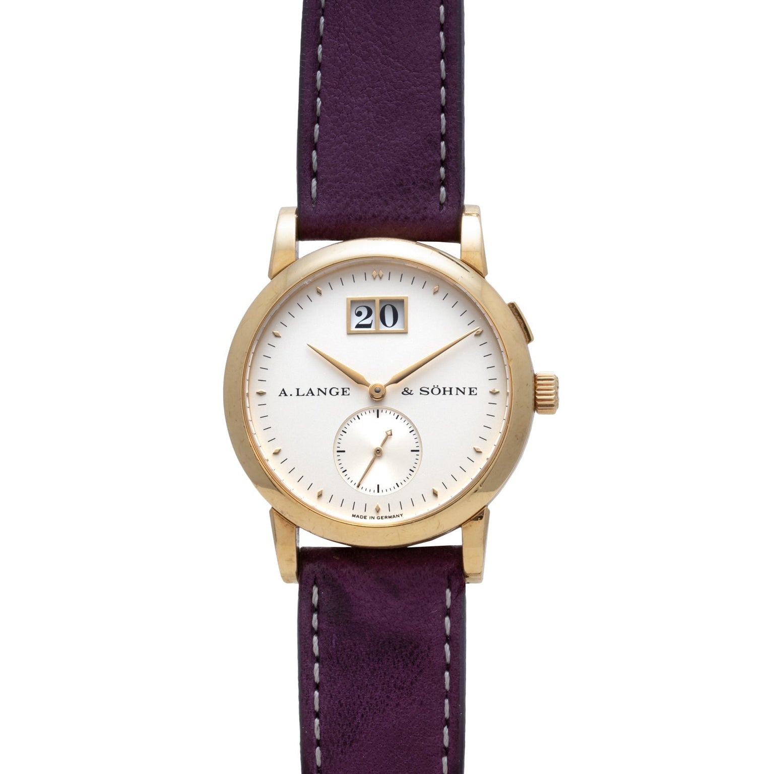 Lange & Sohne Saxonia Outsize Date gold wristwatch with white dial, purple leather strap, date window, and small seconds subdial.