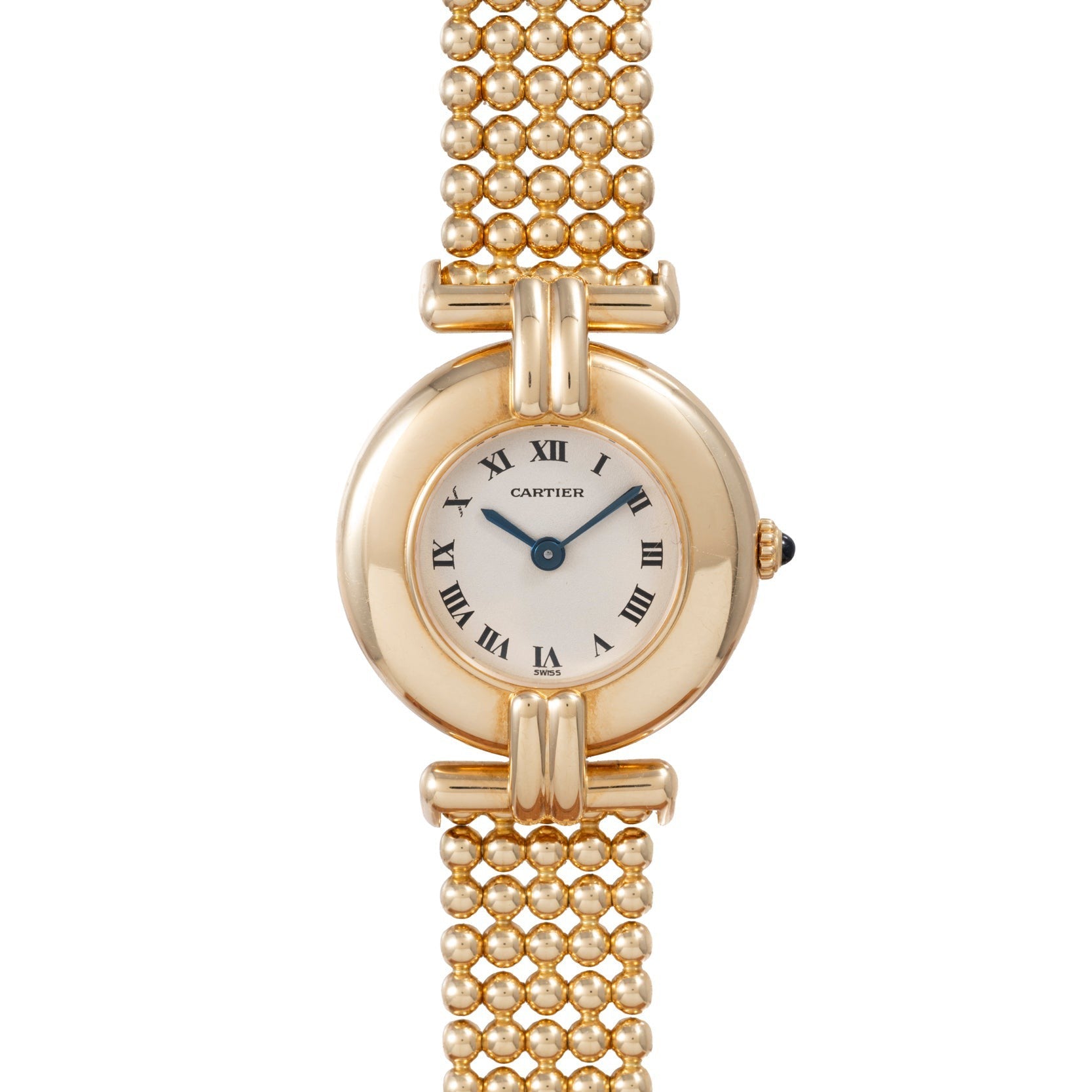 The Ladies Dress Watch by Cartier features a gold finish, round face, Roman numerals, and a beaded metal bracelet.