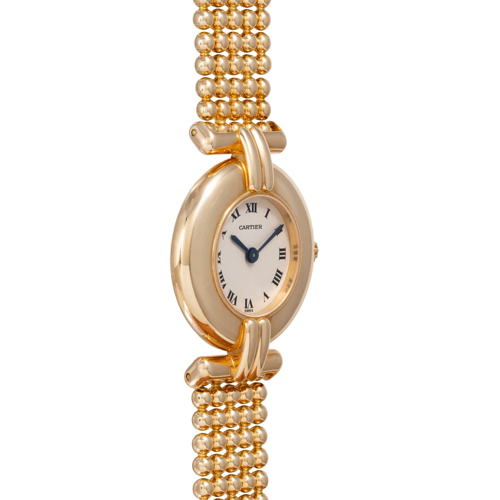 Ladies Dress Watch by Cartier featuring a gold beaded bracelet and white dial with black Roman numerals.