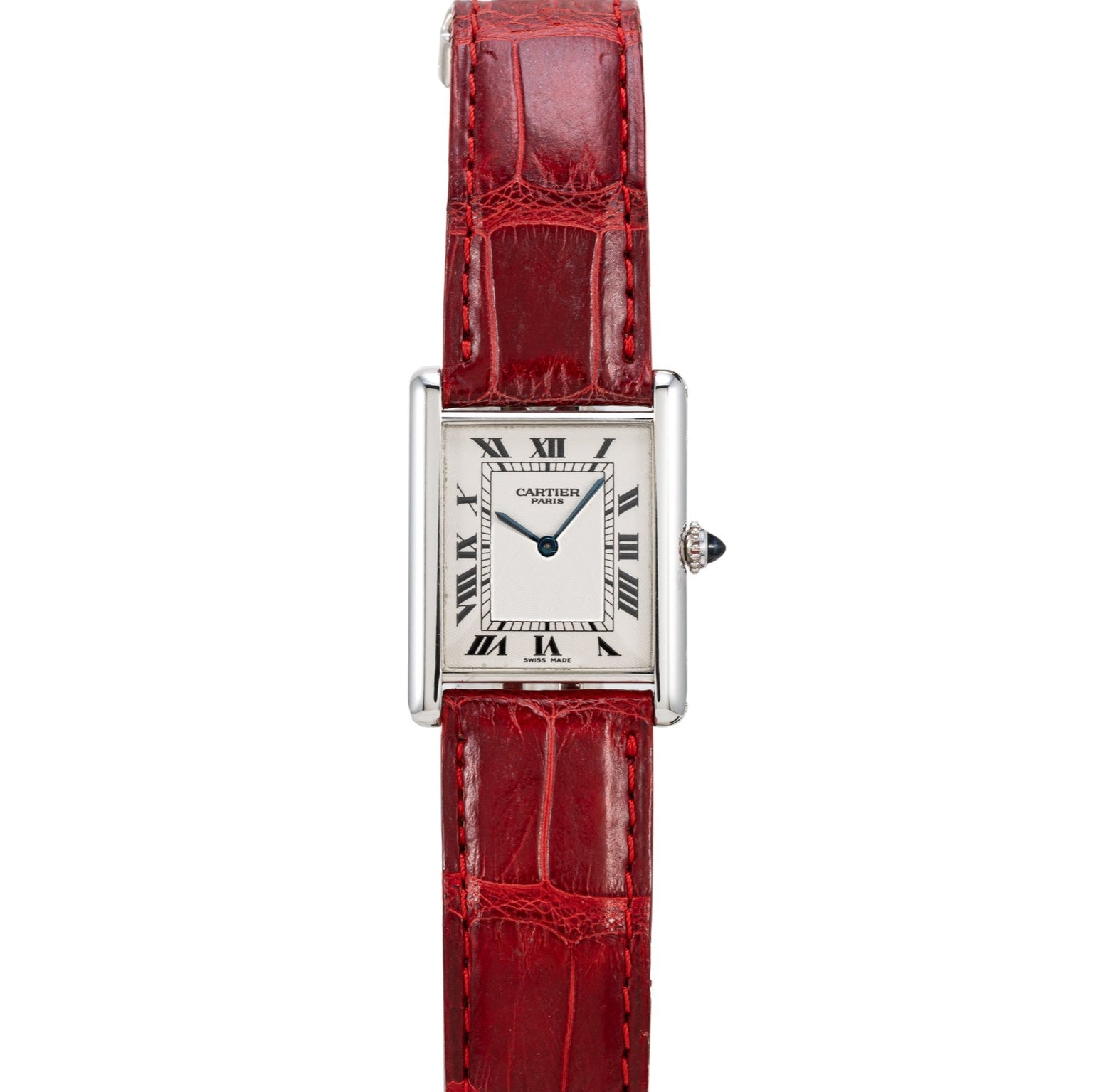 The Cartier Tank Louis watch features a red leather strap and a rectangular face with Roman numerals.