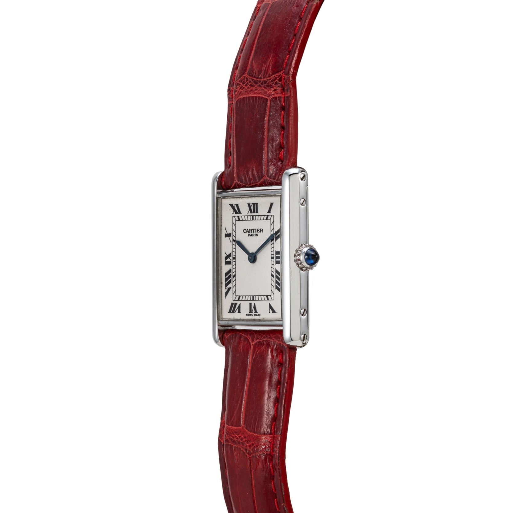 The Cartier Tank Louis features a silver rectangular case, Roman numerals, and a red leather strap, shown in a side view.
