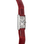 The Cartier Tank Louis is a rectangular watch featuring a red leather strap and Roman numerals on a white dial.