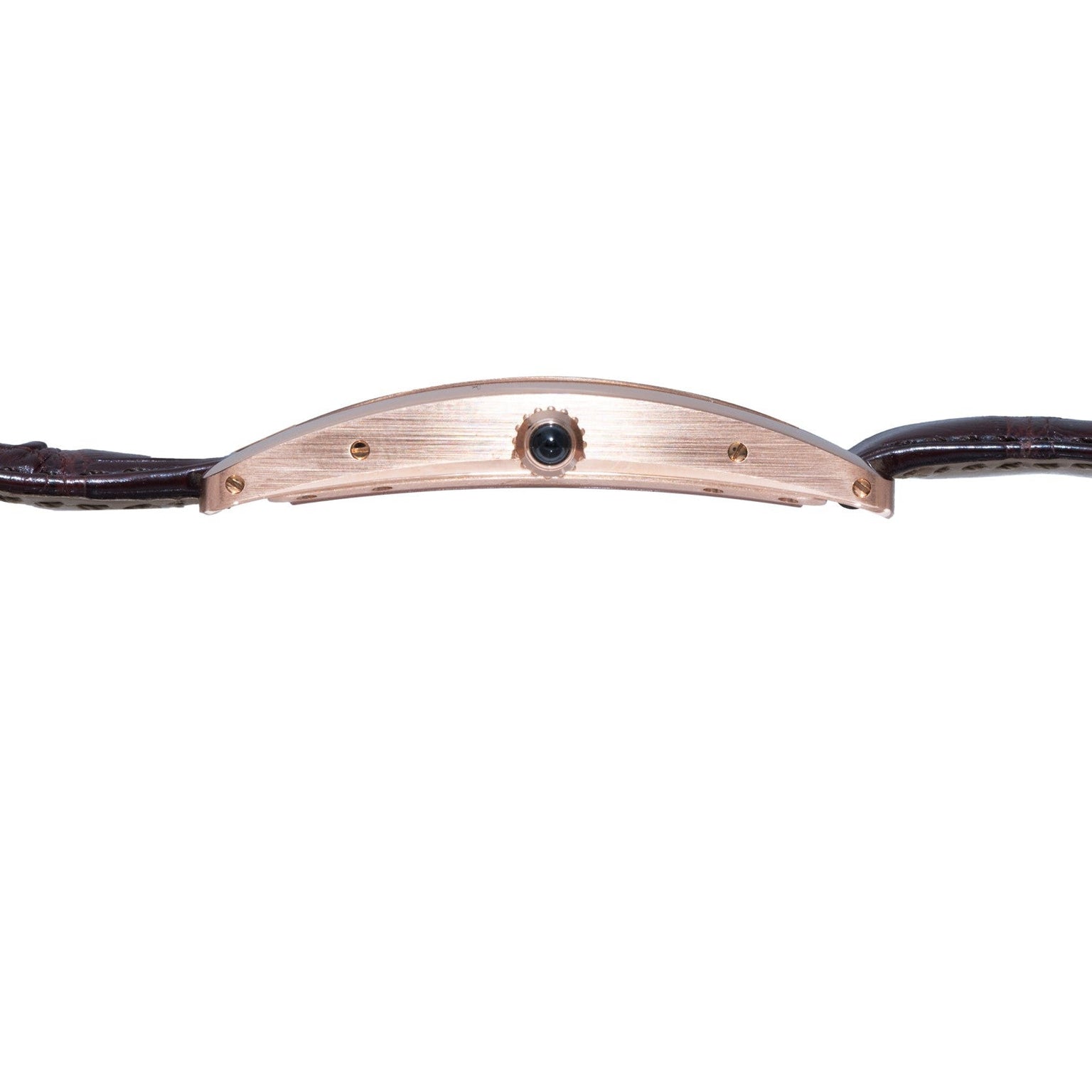 Side view of the Cartier Tank Cintreé Skeleton wristwatch with a thin gold case, brown leather strap, and visible crown.