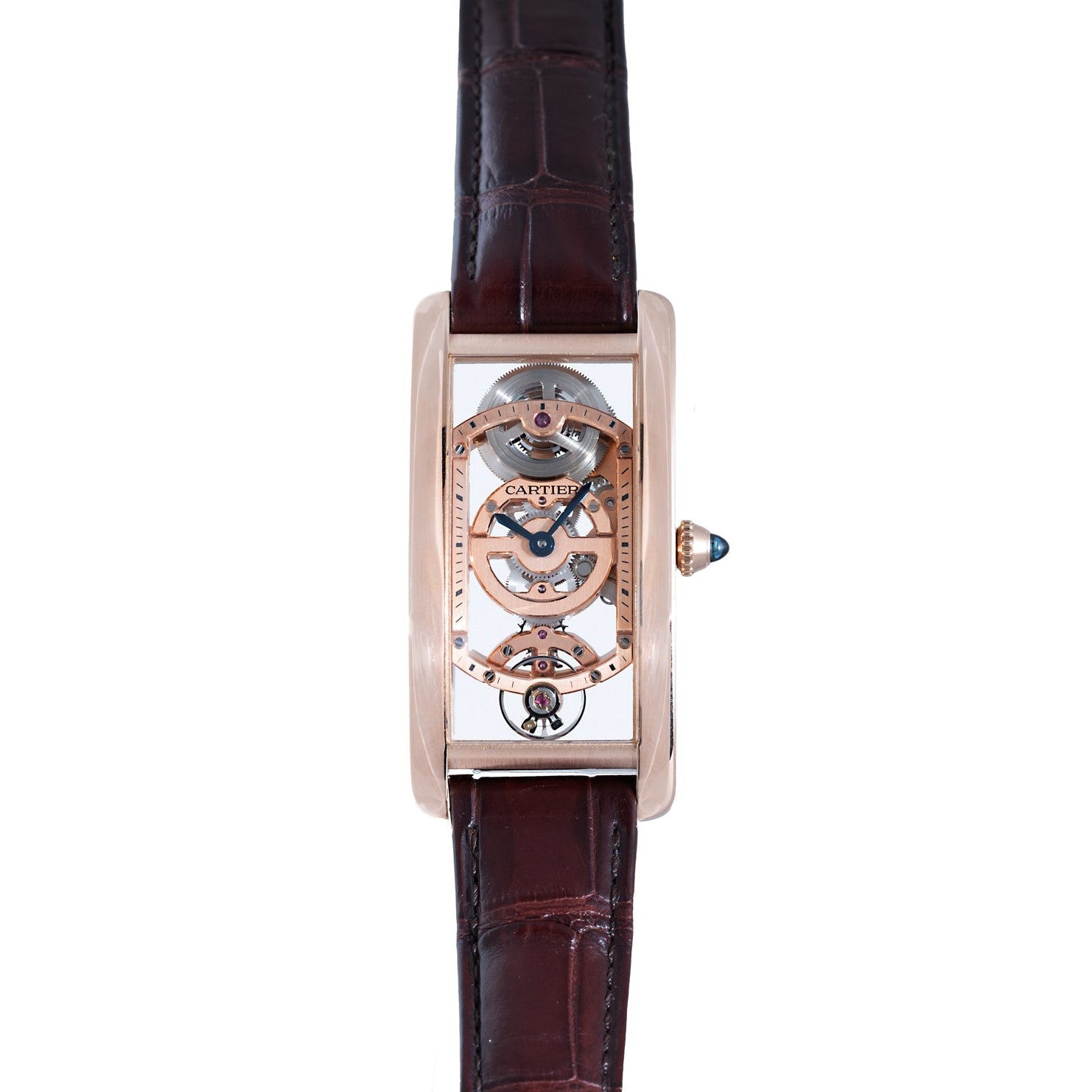 The Cartier Tank Cintreé Skeleton is a luxury watch featuring a skeleton dial and a brown leather strap that reveals its intricate inner mechanisms.