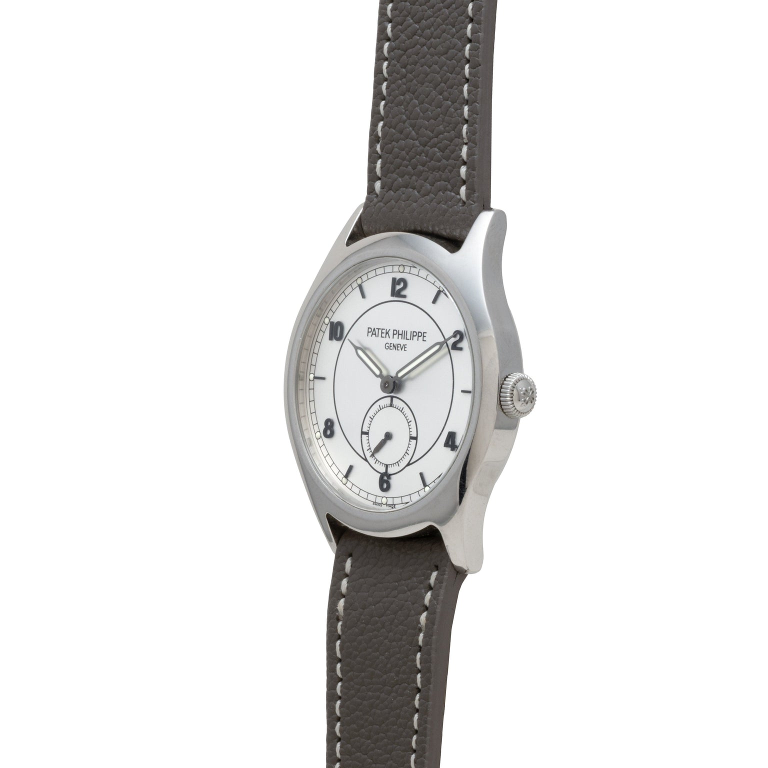 Patek Philippe Calatrava Geneva Boutique Limited Edition wristwatch with white dial and gray leather strap, shown at an angle to highlight its side and face.