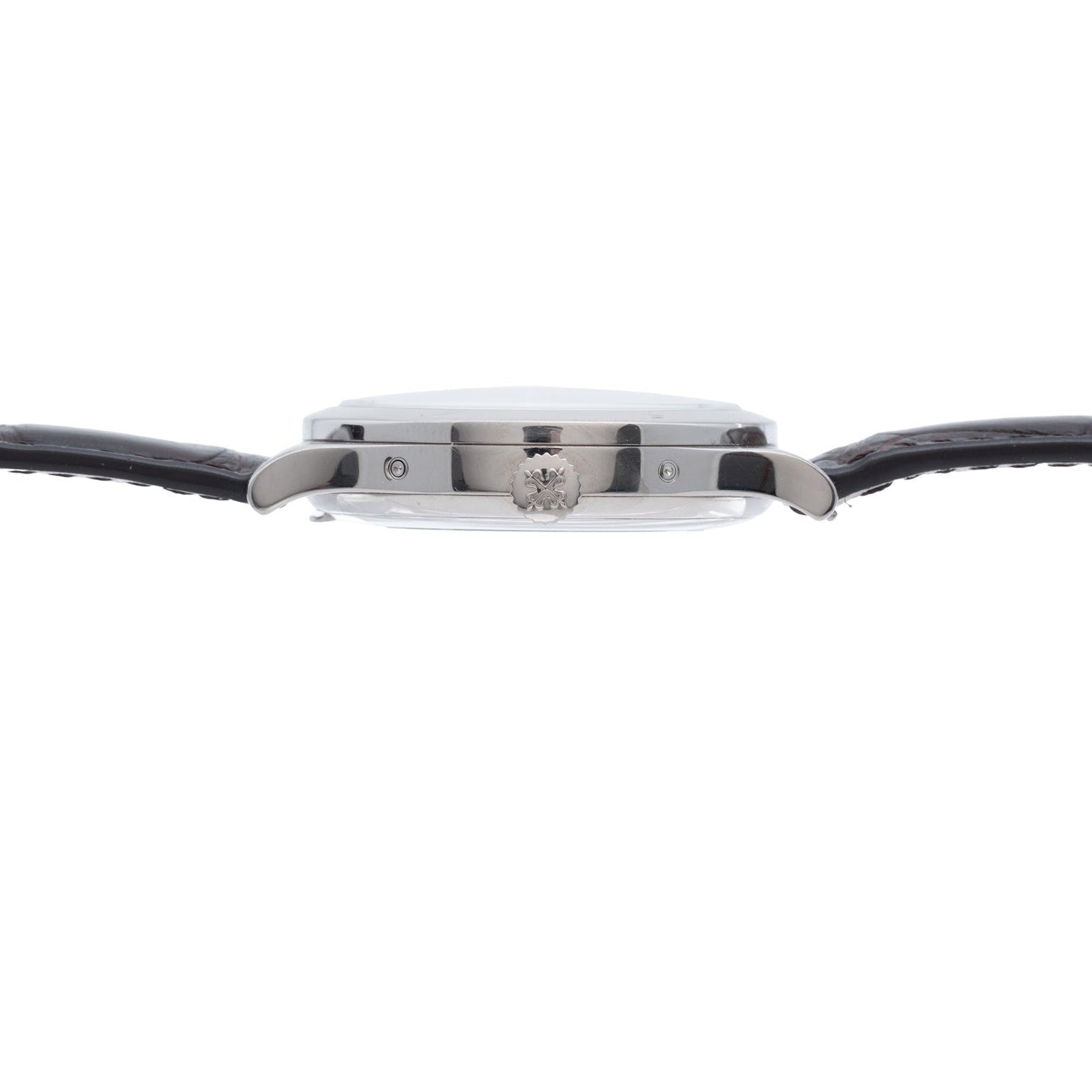 Side view of the Patek Philippe Annual Calendar wristwatch, featuring a round case, crown, and black leather strap against a white background.