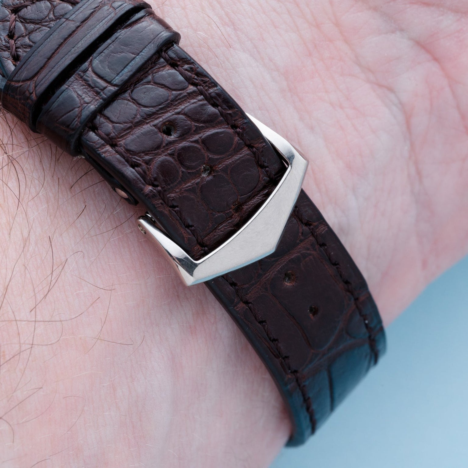 A Patek Philippe Annual Calendar watch featuring a brown leather strap with a silver clasp on a persons wrist.