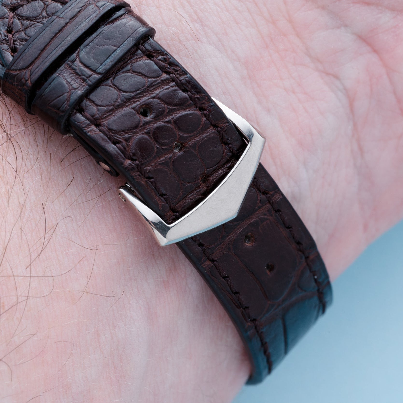 A Patek Philippe Annual Calendar watch featuring a brown leather strap with a silver clasp on a persons wrist.