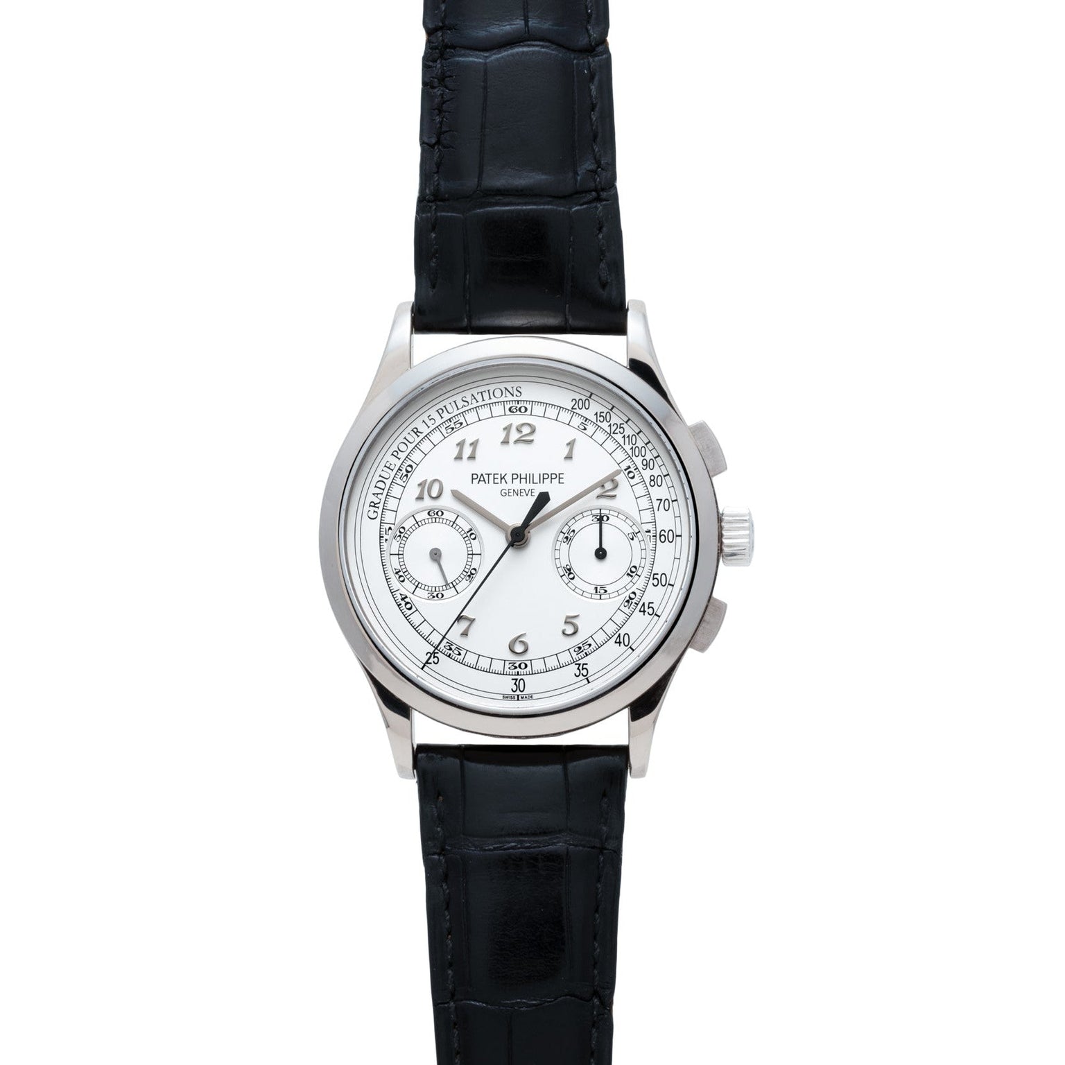 A Patek Philippe Chronograph wristwatch featuring a white dial and a black leather strap, shown from the front.