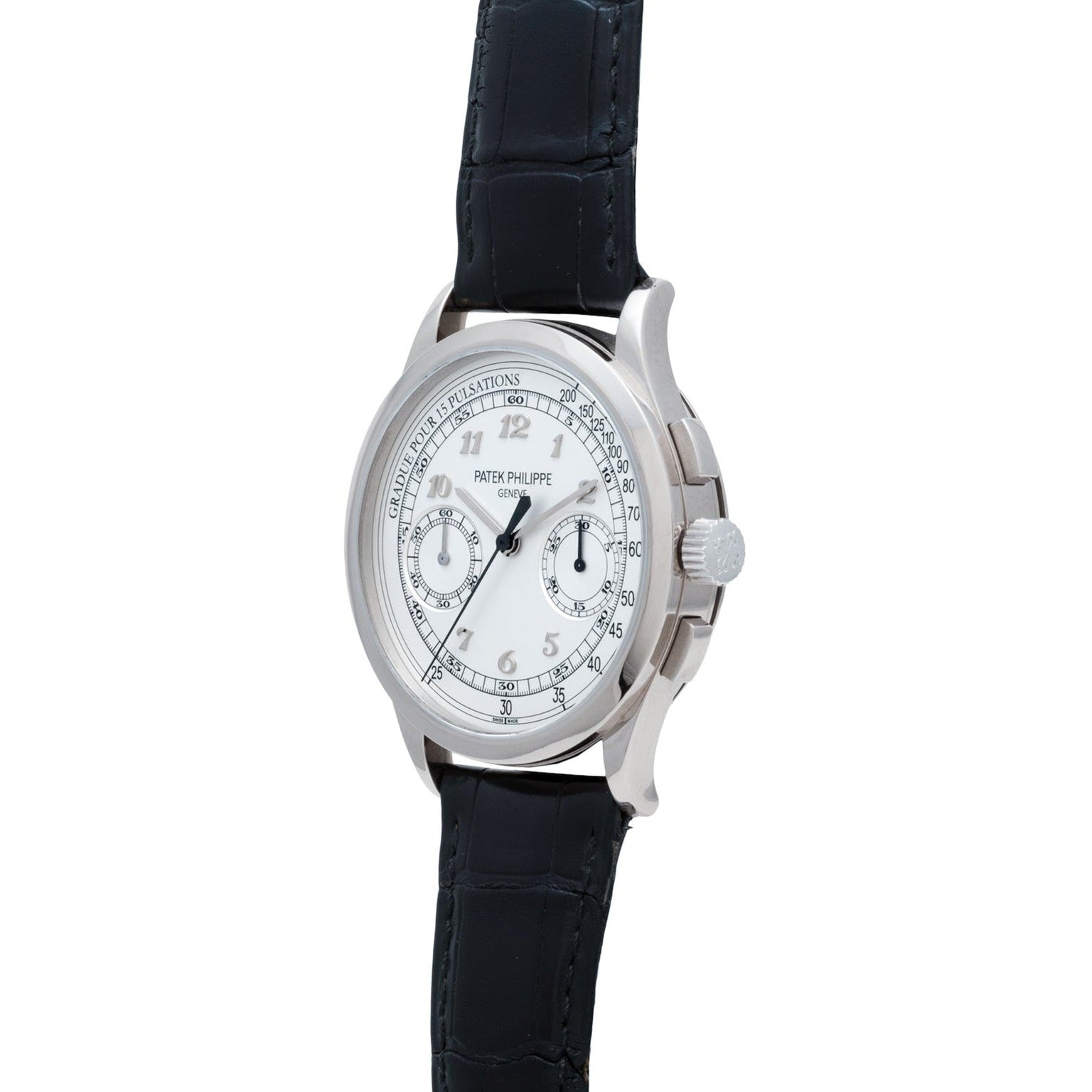 Patek Philippe Chronograph with silver case, black leather strap, white dial, and three right-angled subdials.