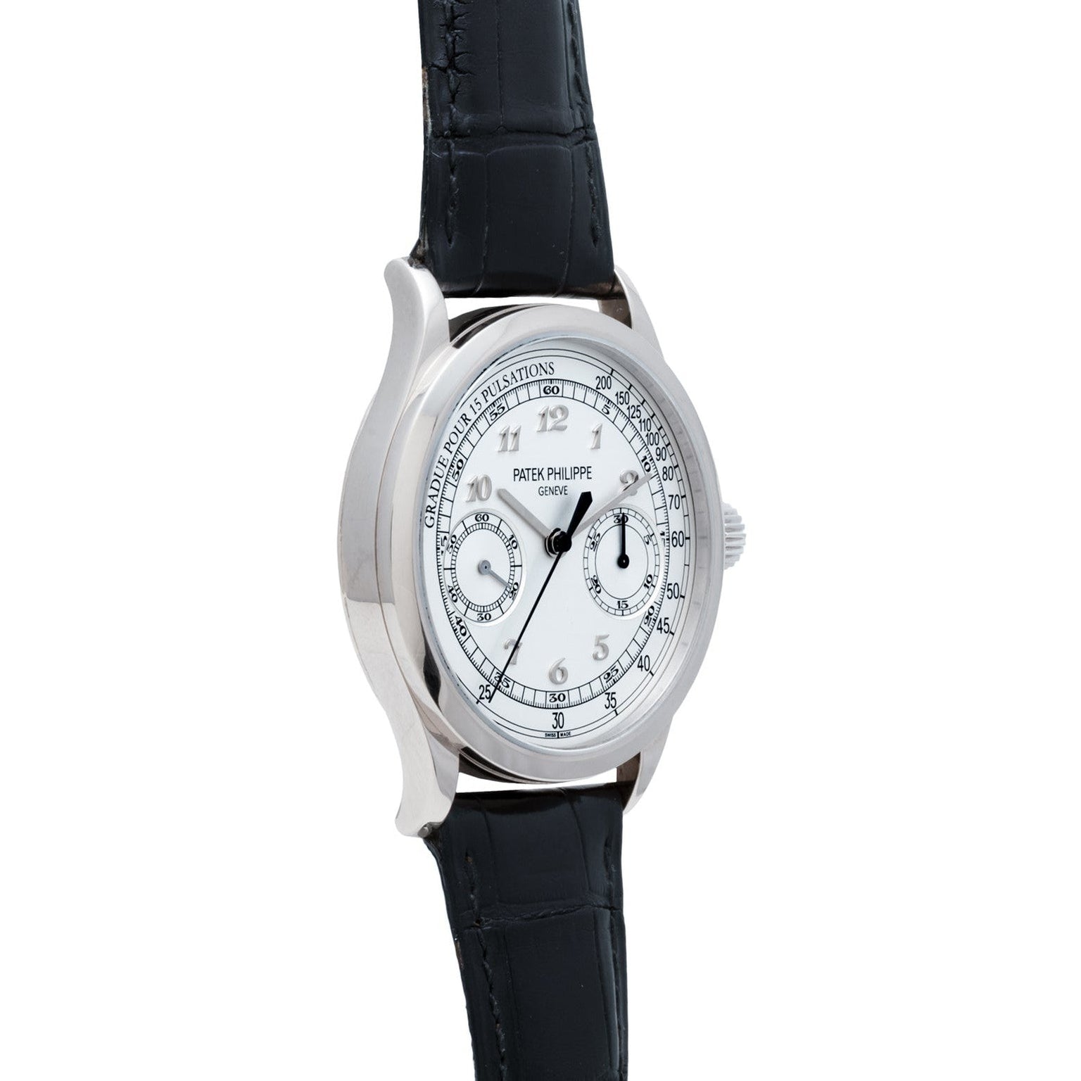 The Patek Philippe Chronograph wristwatch features a detailed white dial and a black leather strap.