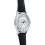 The Patek Philippe Chronograph wristwatch features a detailed white dial and a black leather strap.