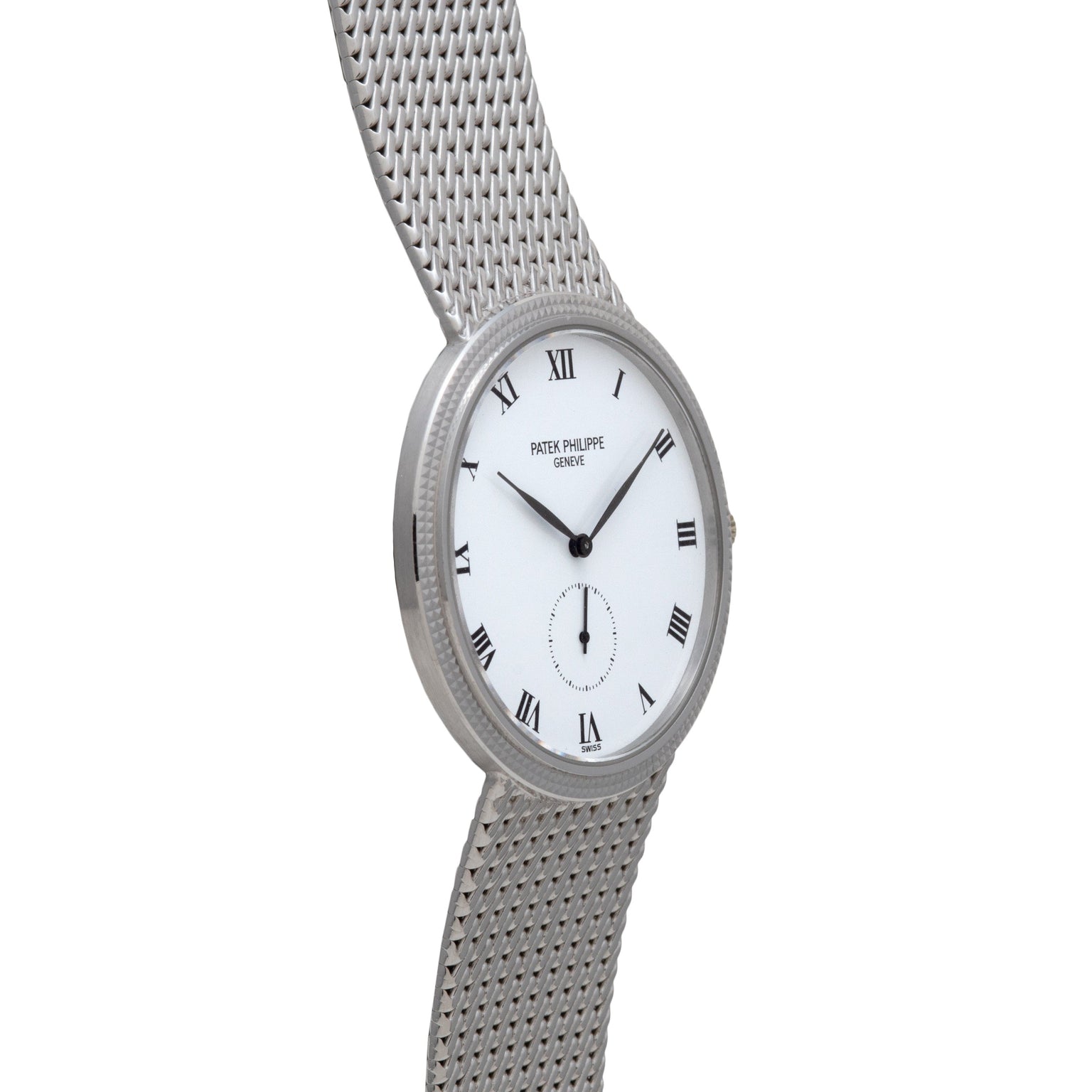 The Patek Philippe Calatrava features a silver mesh bracelet, white dial with Roman numerals, and a small seconds subdial at six oclock.