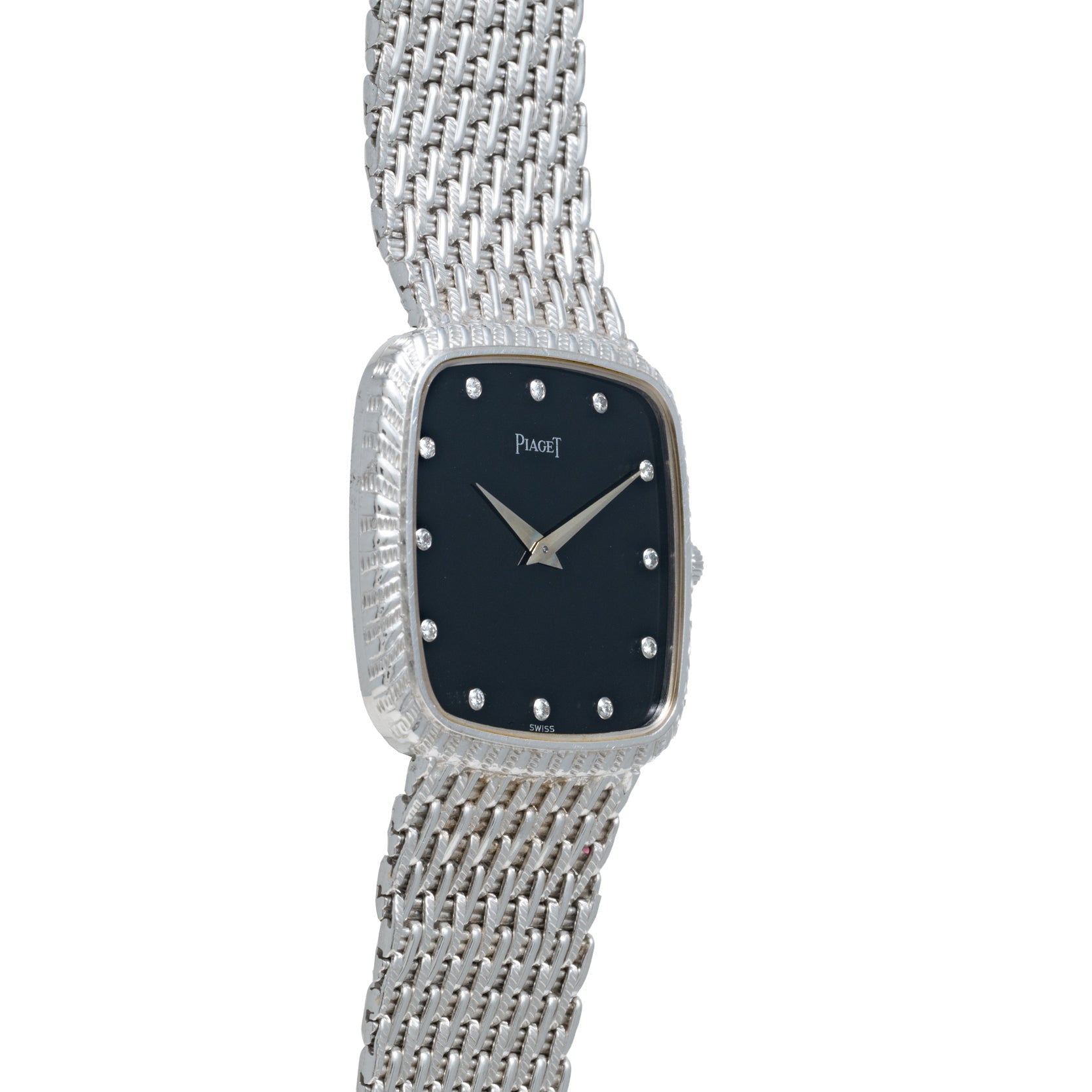 Piaget Onyx Dial White Gold Dress Watch featuring a mesh band and black face with diamond hour markers.