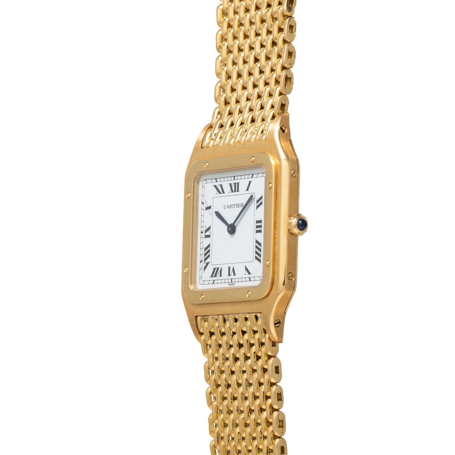 Cartier Santos Dumont wristwatch with a square face, Roman numerals, and woven gold band, displayed at an angle on a white background.