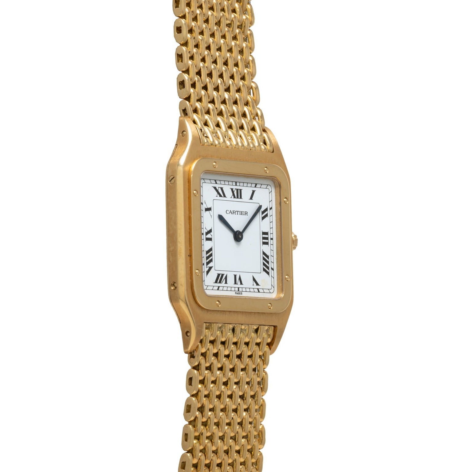 Cartier Santos Dumont wristwatch featuring a gold case, white square face, and Roman numeral markers, displayed at a slight angle.