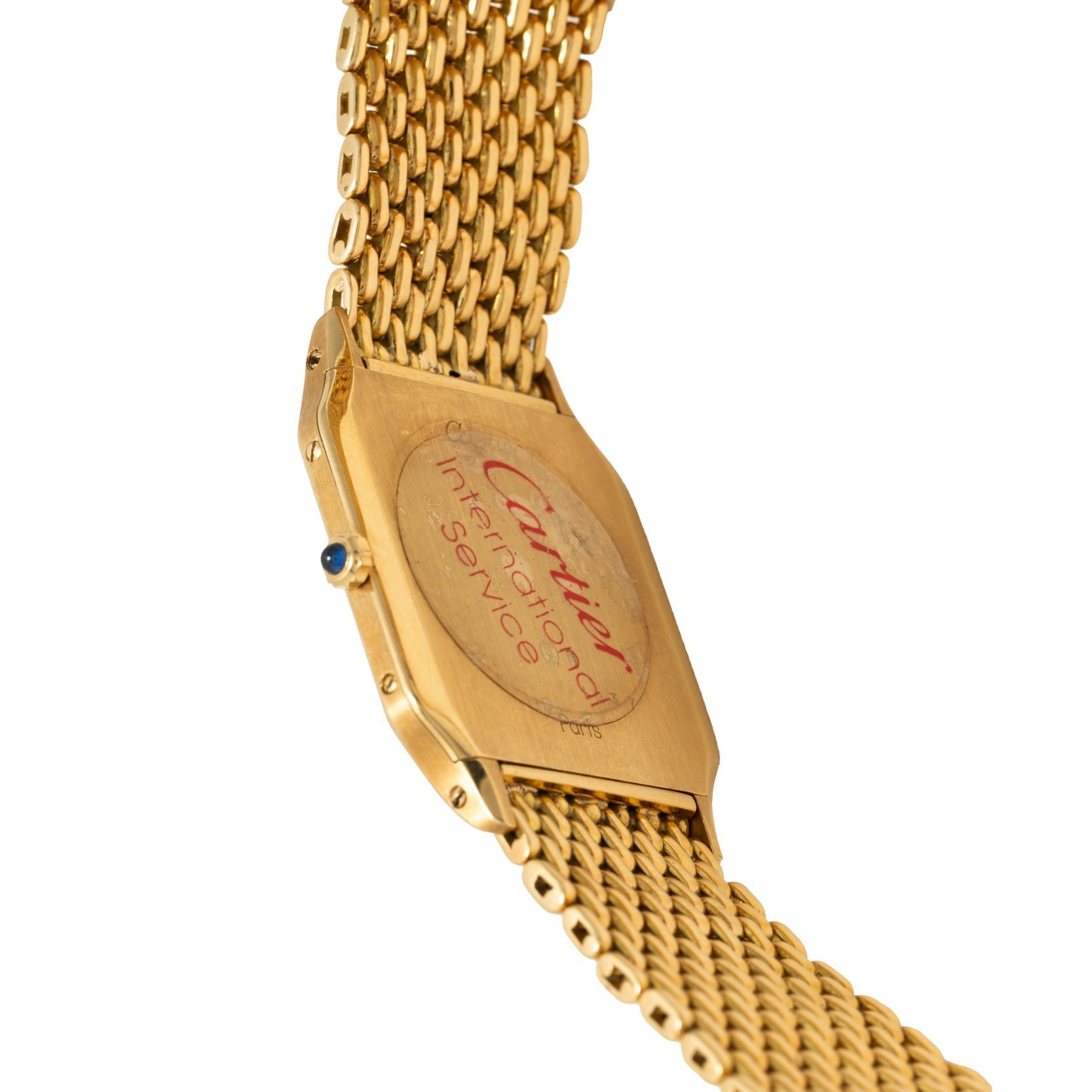 The Cartier Santos Dumont watch features a mesh bracelet, engraved backplate, and distinctive blue crown detail.