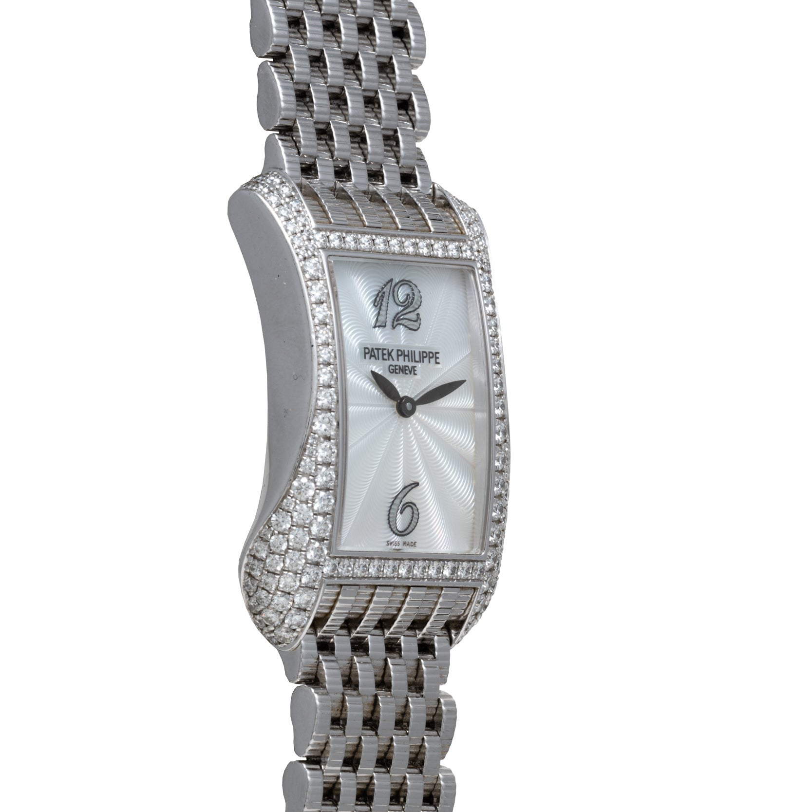 A Patek Philippe Gondolo Ladies watch in silver, featuring a diamond-set bezel and a metal link band, displayed at a left-facing angle.