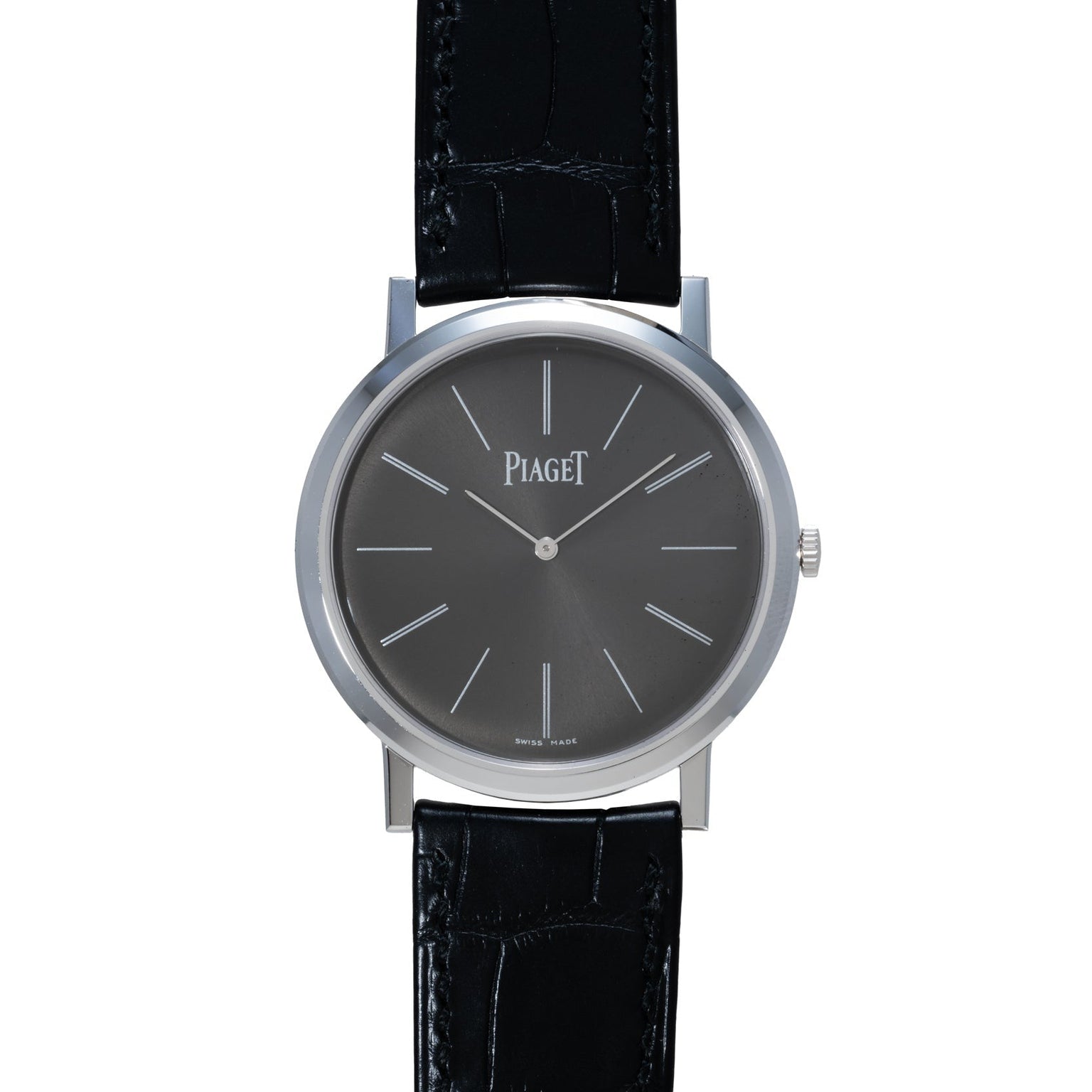 The Piaget Altiplano wristwatch features a black leather strap, a black dial, and silver hour markers and hands.