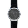 The Piaget Altiplano wristwatch features a black leather strap, a black dial, and silver hour markers and hands.