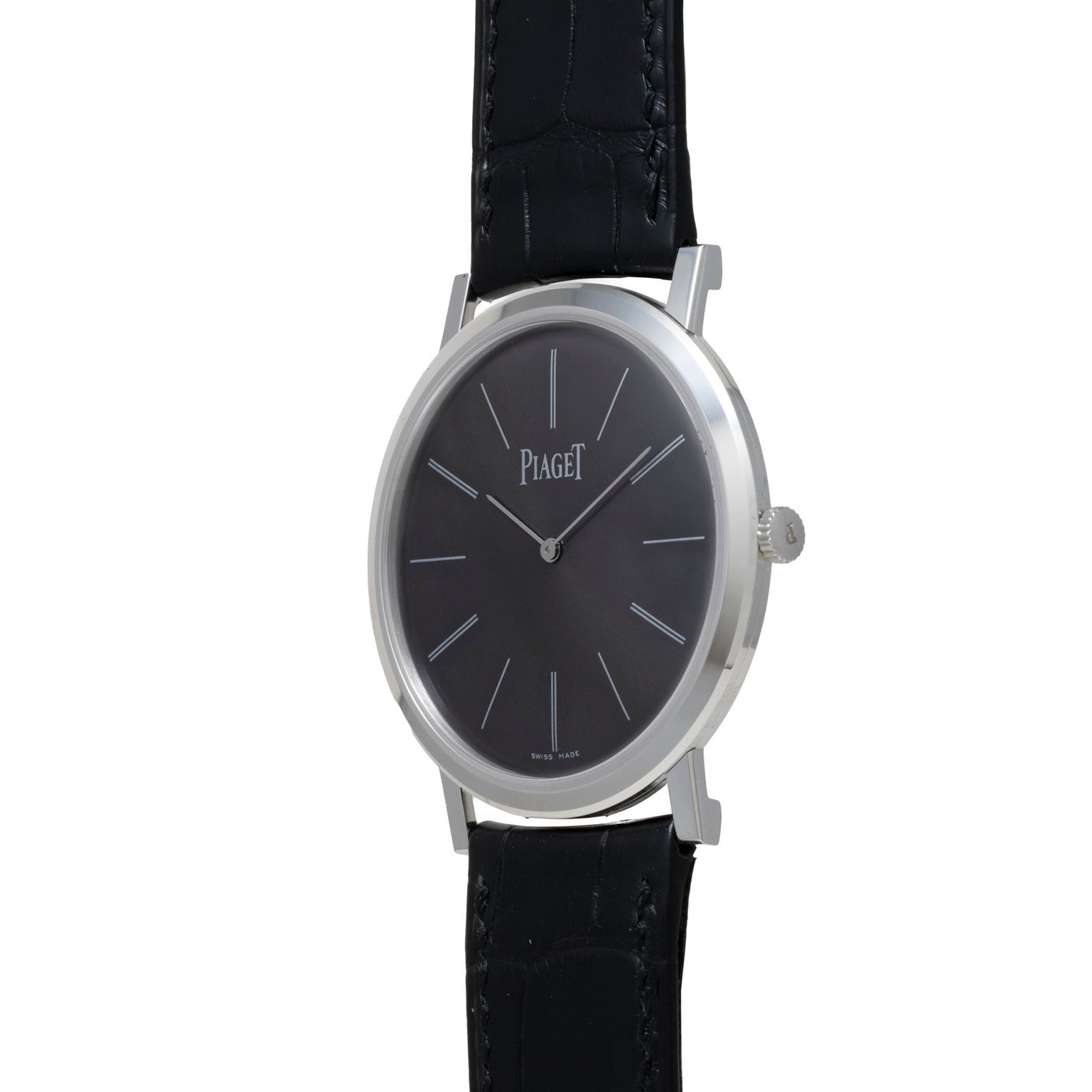 The Piaget Altiplano wristwatch features a minimalist black dial and a black leather strap, set against a white background.