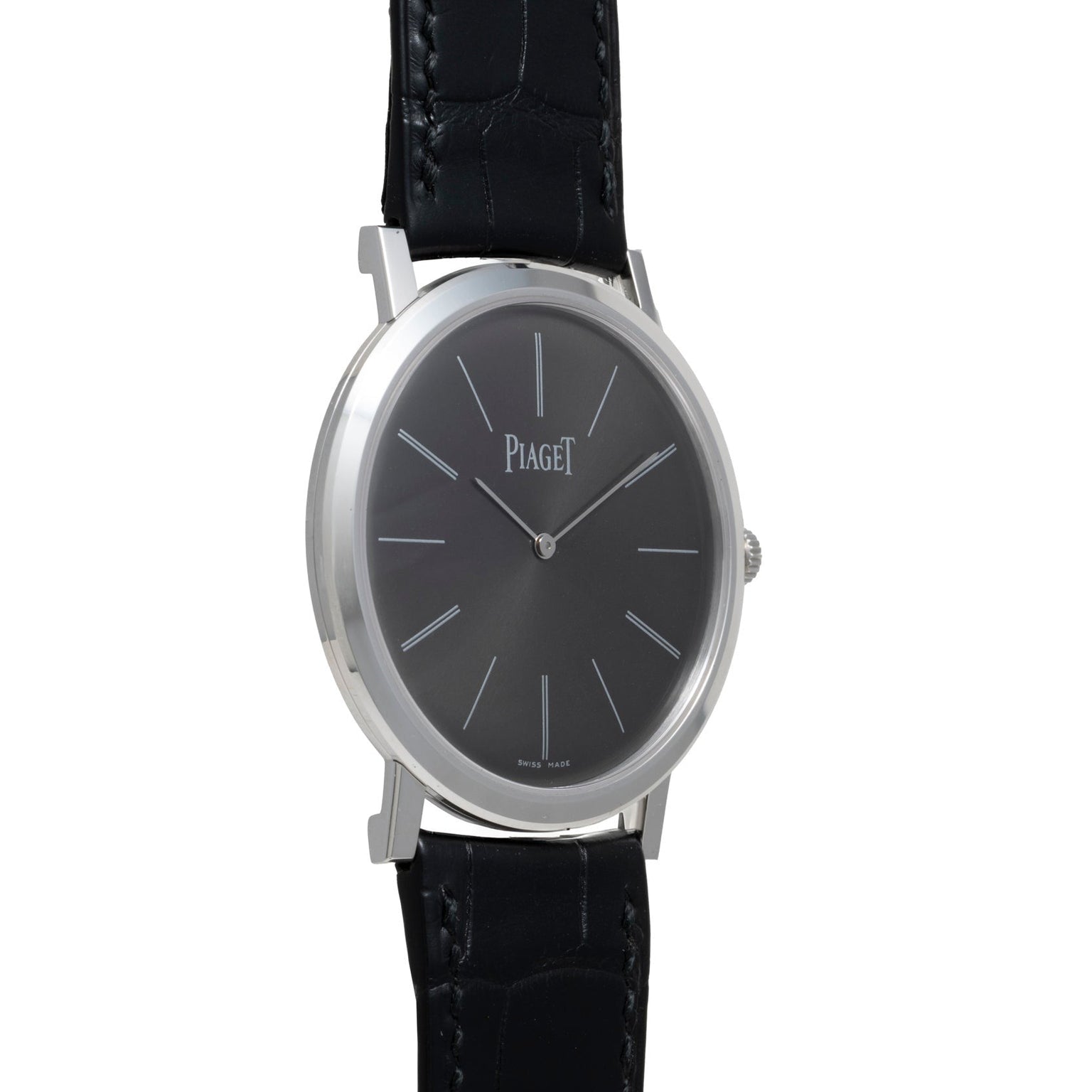 The Piaget Altiplano is a sleek wristwatch featuring a minimalist black dial and a black leather strap.