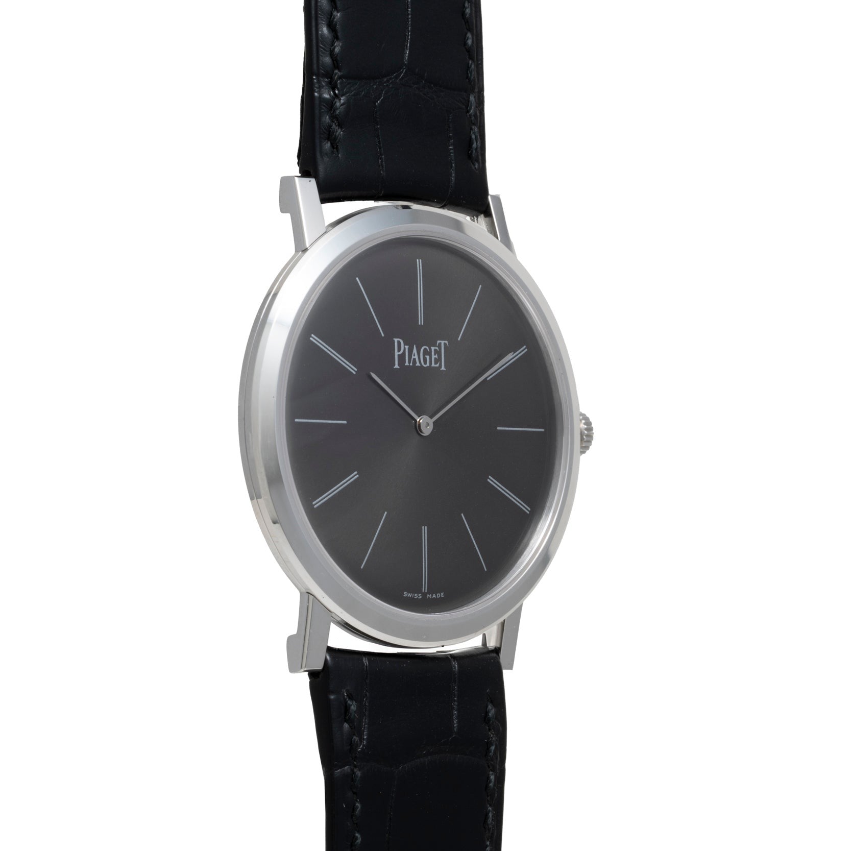 The Piaget Altiplano is a sleek wristwatch featuring a minimalist black dial and a black leather strap.