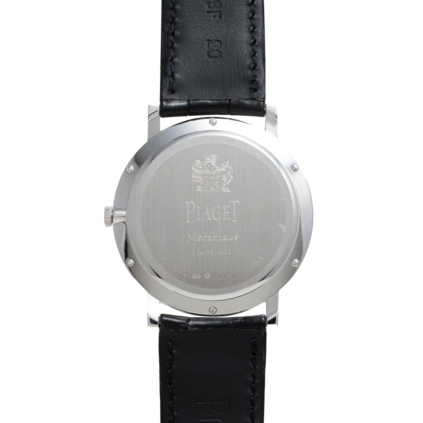Back view of a Piaget Altiplano wristwatch featuring a black leather strap and engraved text on the metal case.