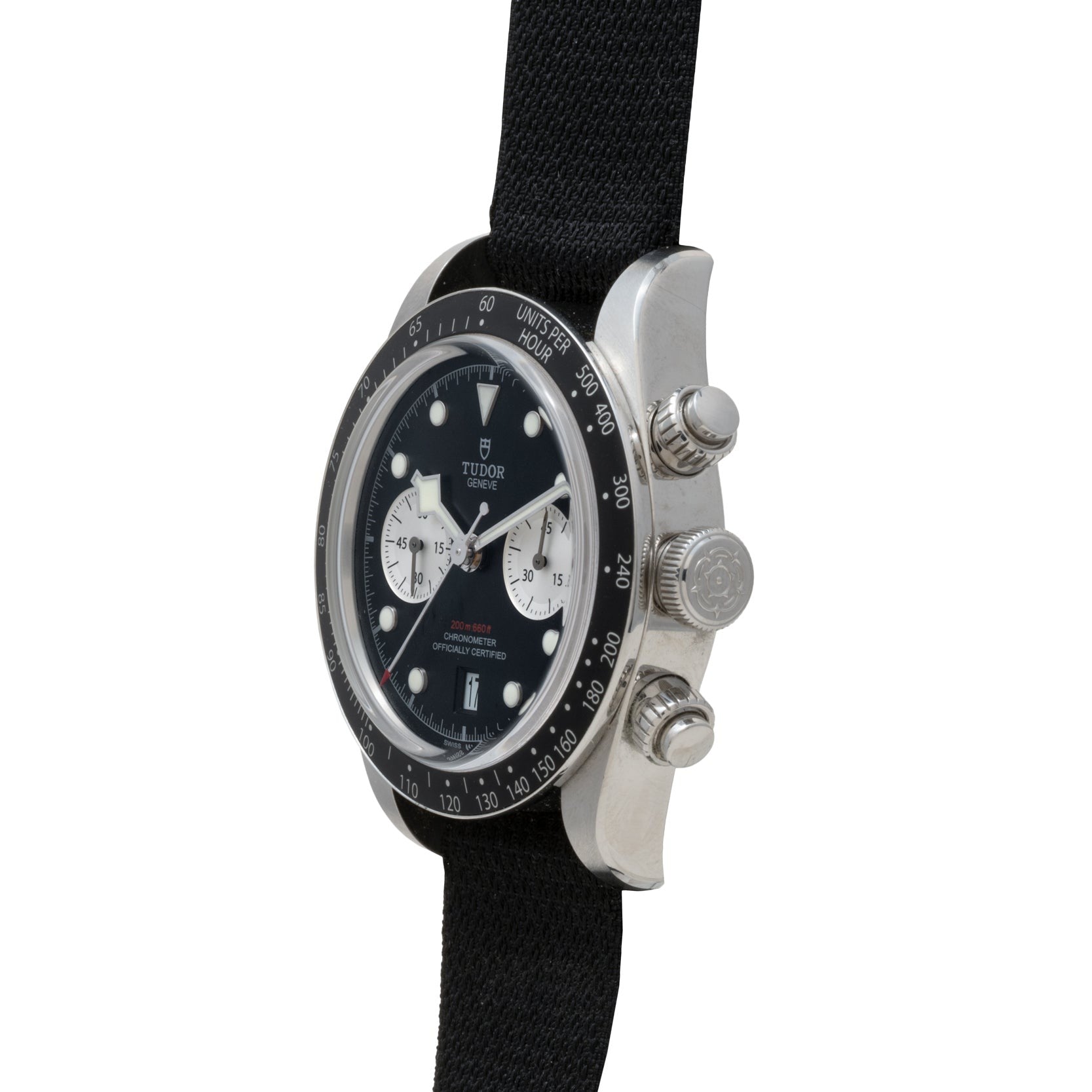 Side view of the TUDOR Black Bay Chronograph wristwatch featuring a black strap and black bezel.