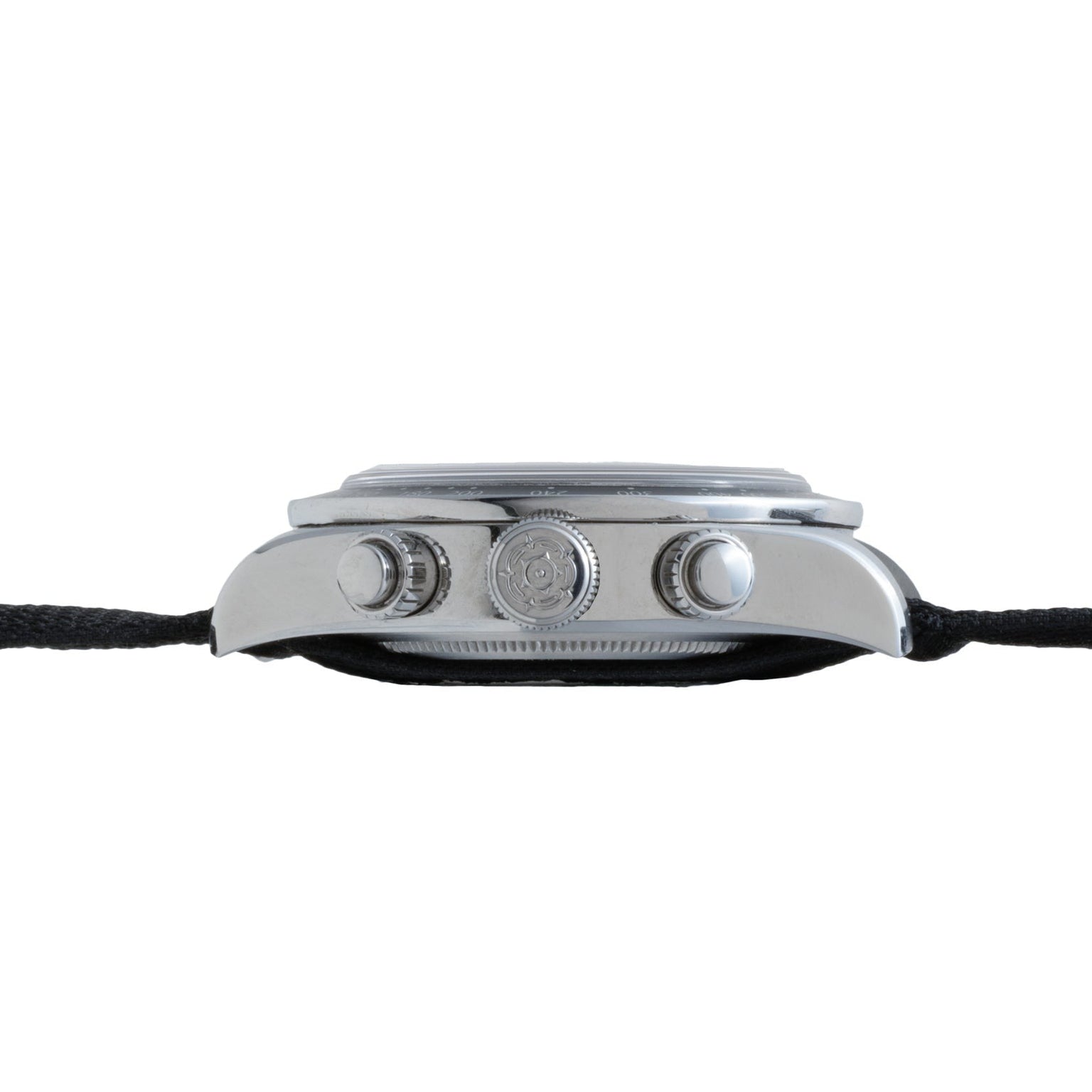 Side view of the TUDOR Black Bay Chronograph, featuring a silver case with three buttons and a black strap.