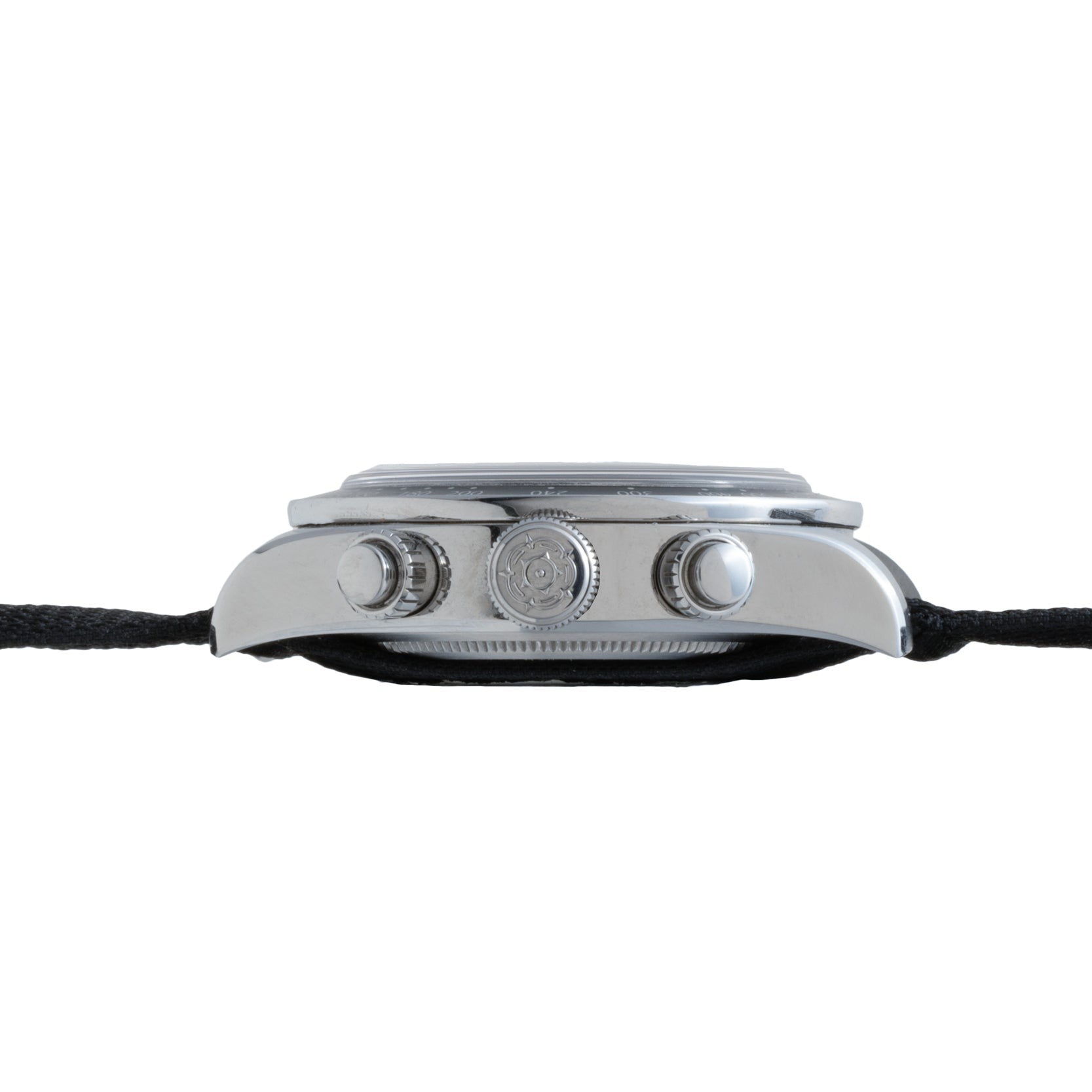 Side view of the TUDOR Black Bay Chronograph, featuring a silver case with three buttons and a black strap.