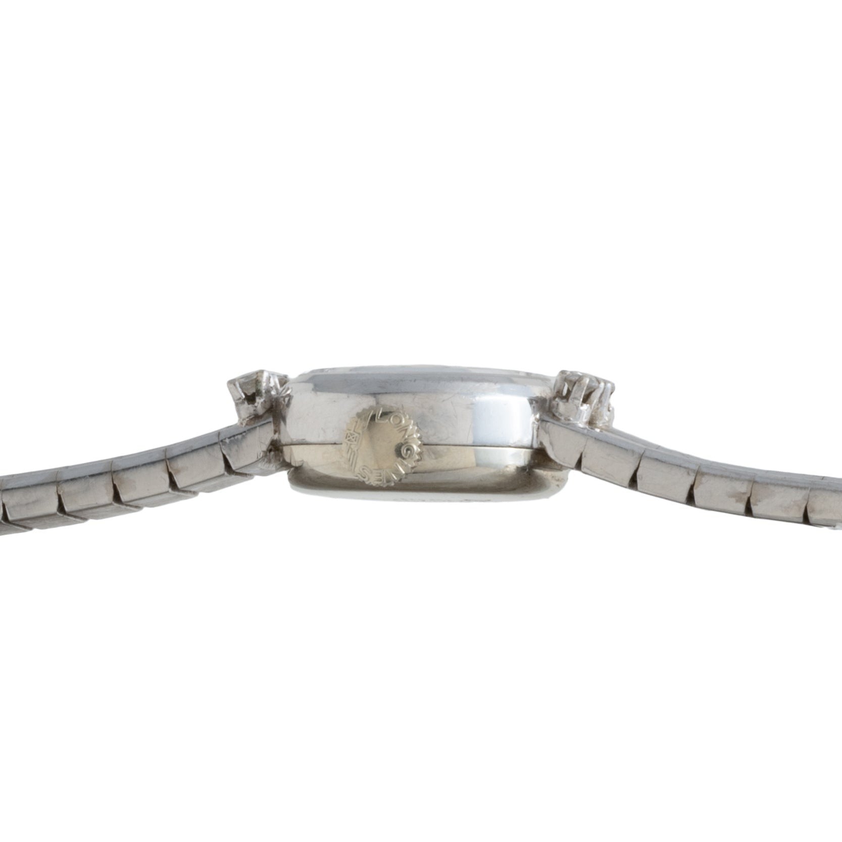 Side view of the Longines Diamond Cocktail Watch showing its silver metal band and a prominent crown on the right side of the case.