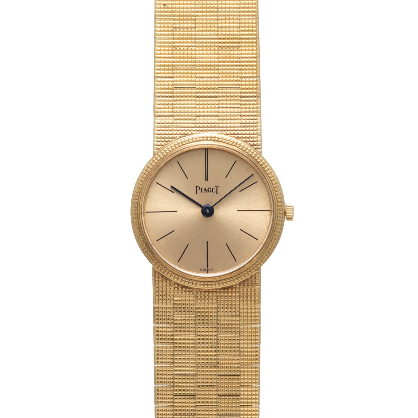 Piaget 18K Yellow Gold Dress Watch featuring a round face, minimalist design, and textured gold band.