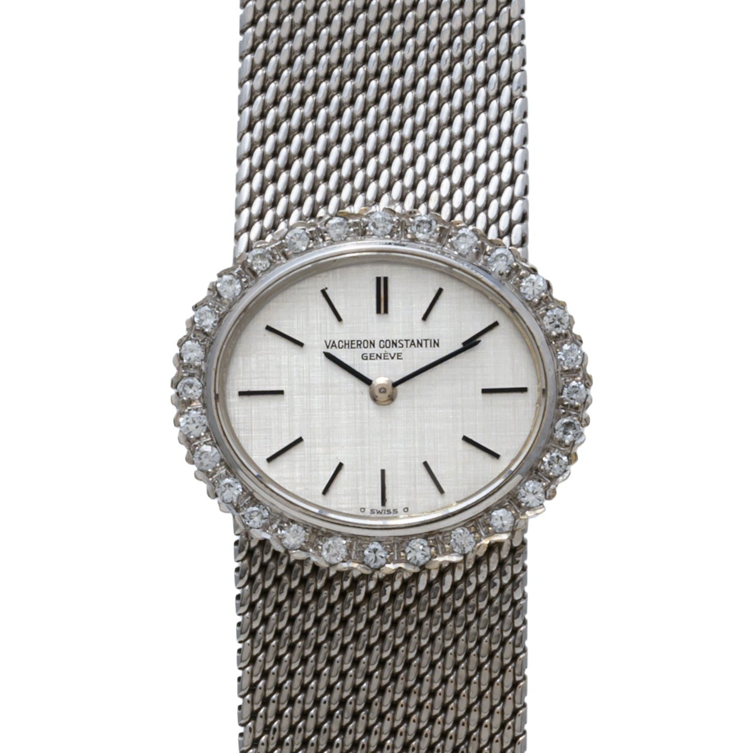 Vacheron Constantin White Gold Diamond Bezel watch with a mesh metal band and black hour markers on a white dial.