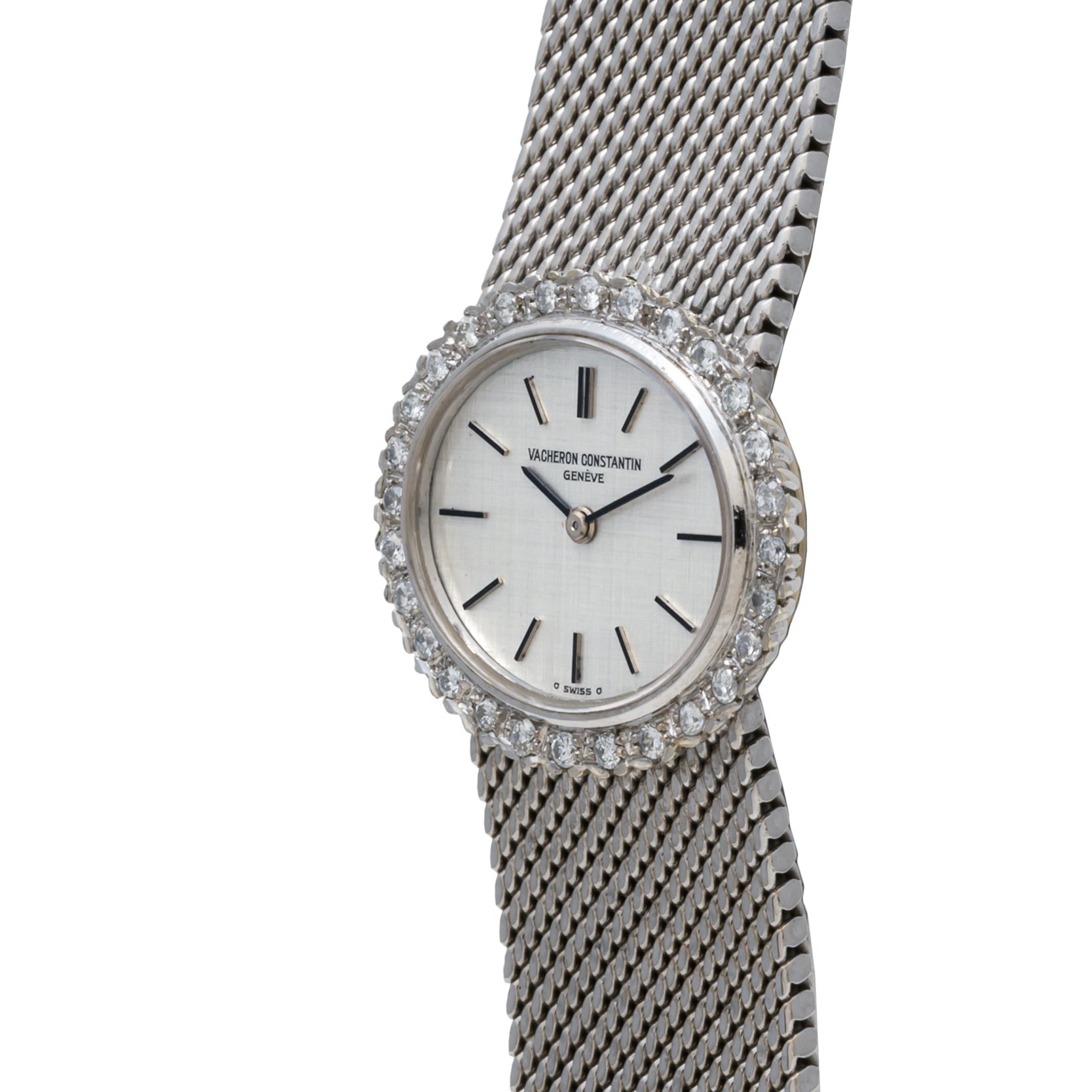 A Vacheron Constantin White Gold Diamond Bezel watch with a mesh band, shown at an angle.